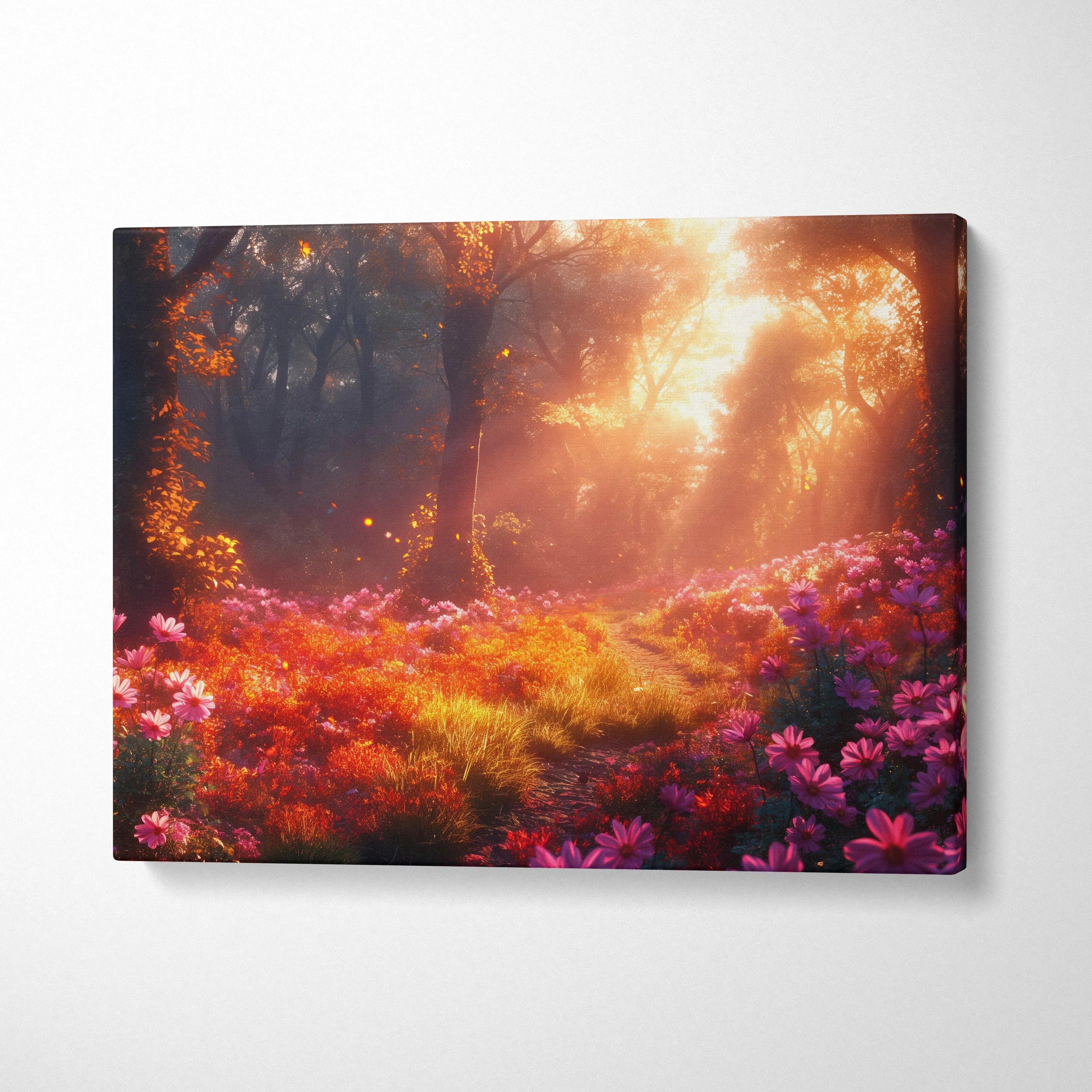 Canvas wall art of a vibrant forest sunset with pink flowers and warm golden light decor.