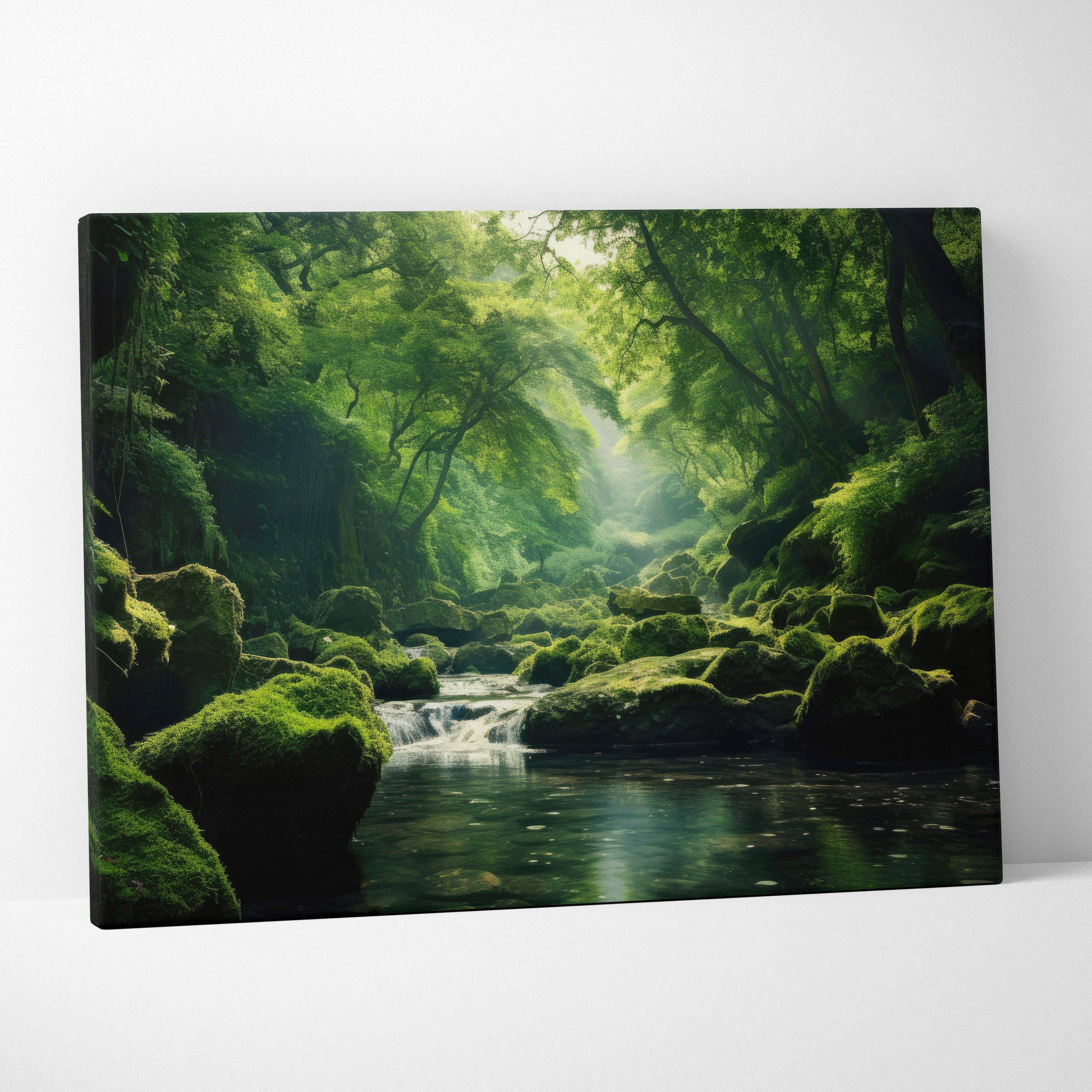 A rectangular canvas print of a tranquil mossy forest stream with green foliage and sunlit water wall art