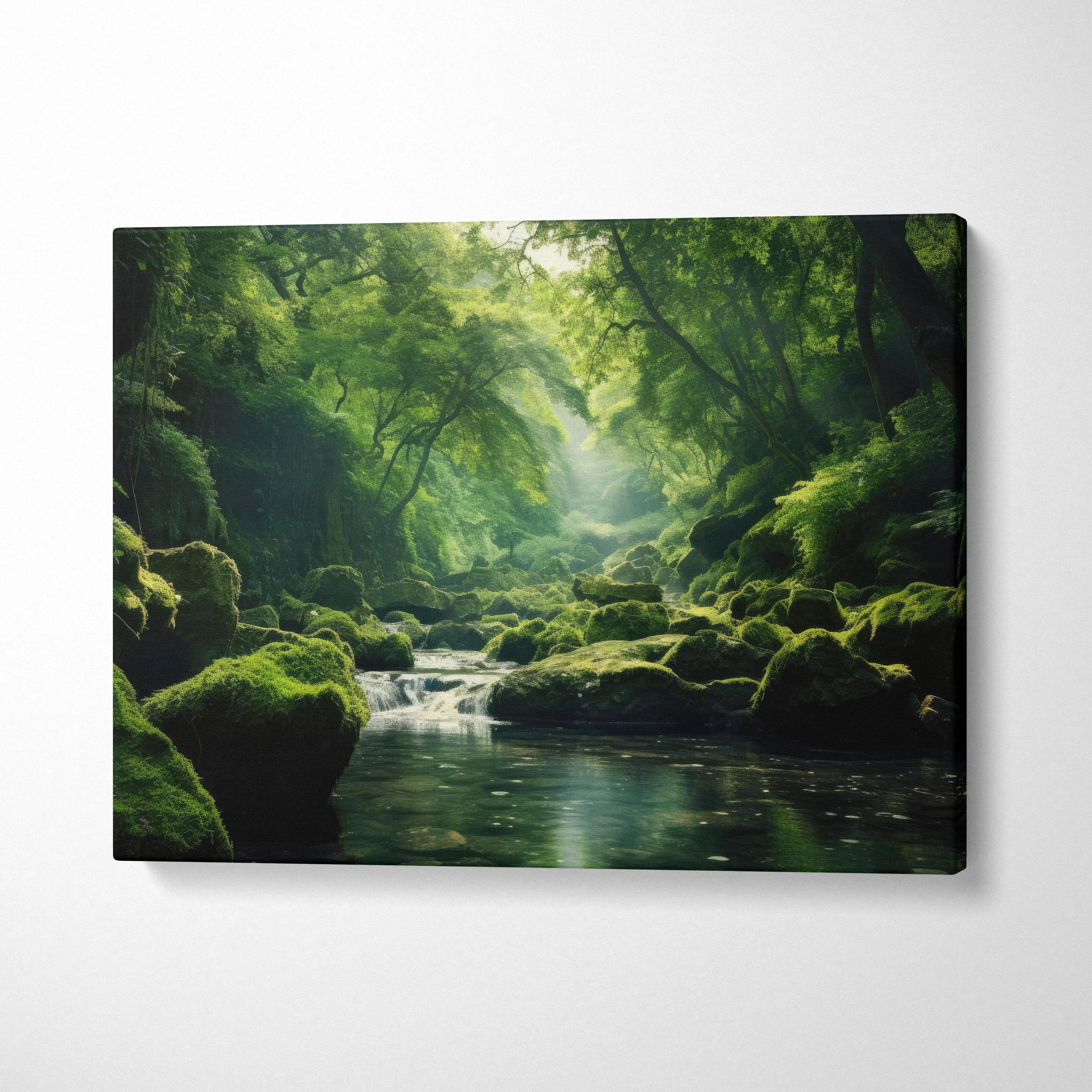 Canvas wall art of serene forest with moss-covered rocks and layered green trees over calm stream.