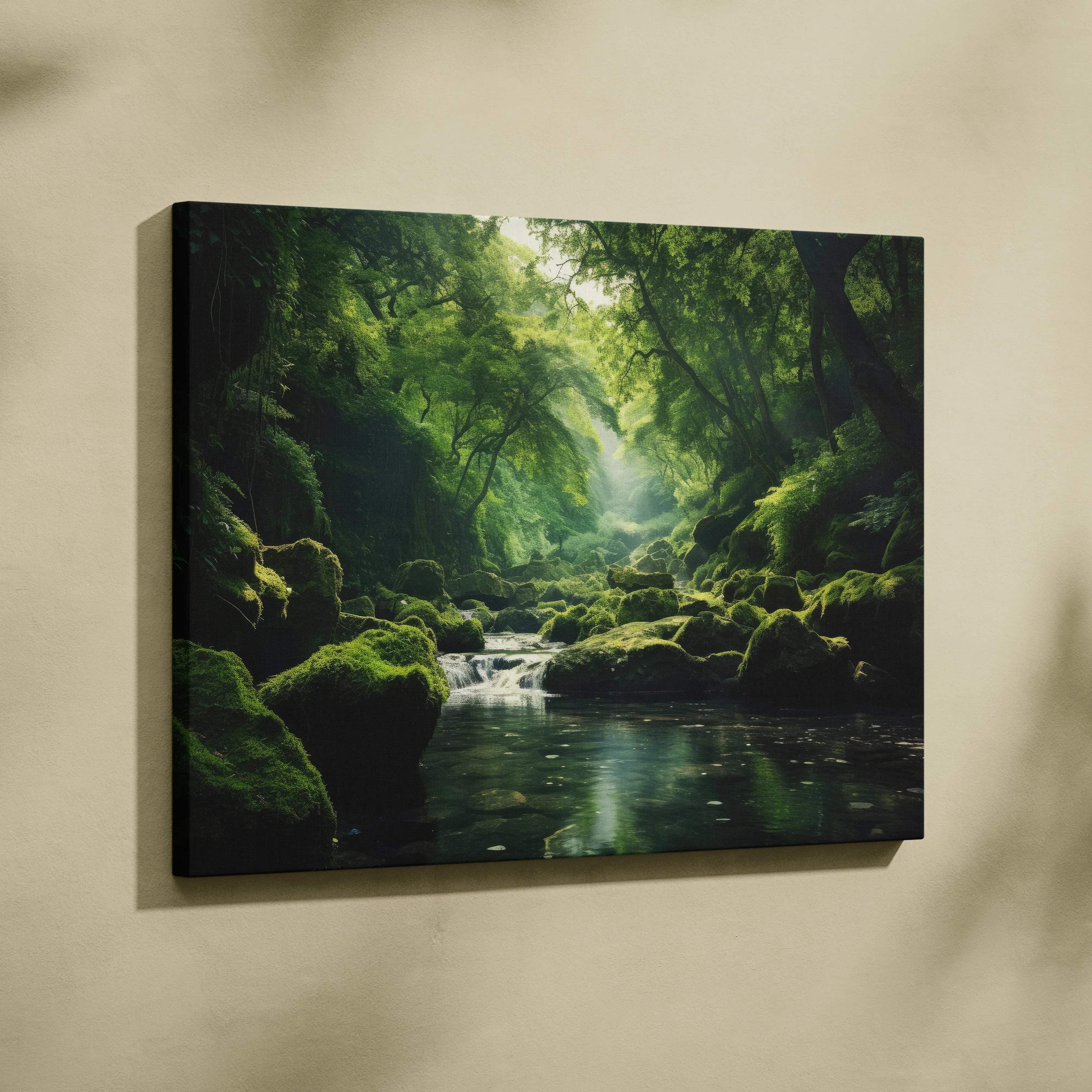 Rectangular canvas wall art featuring a tranquil mossy forest stream with lush green foliage and mossy rocks