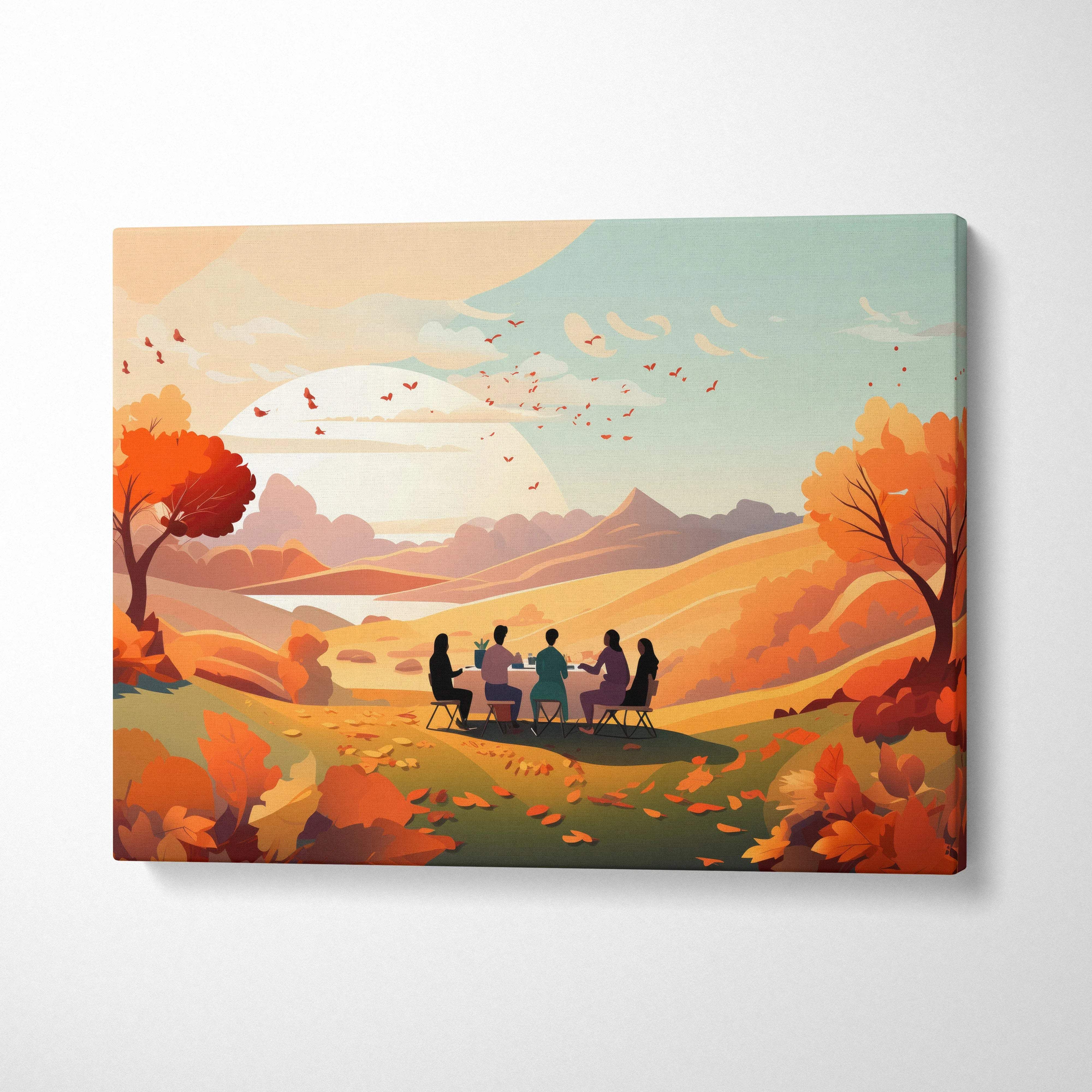 Canvas wall art of Thanksgiving friends at table in warm autumn sunset landscape