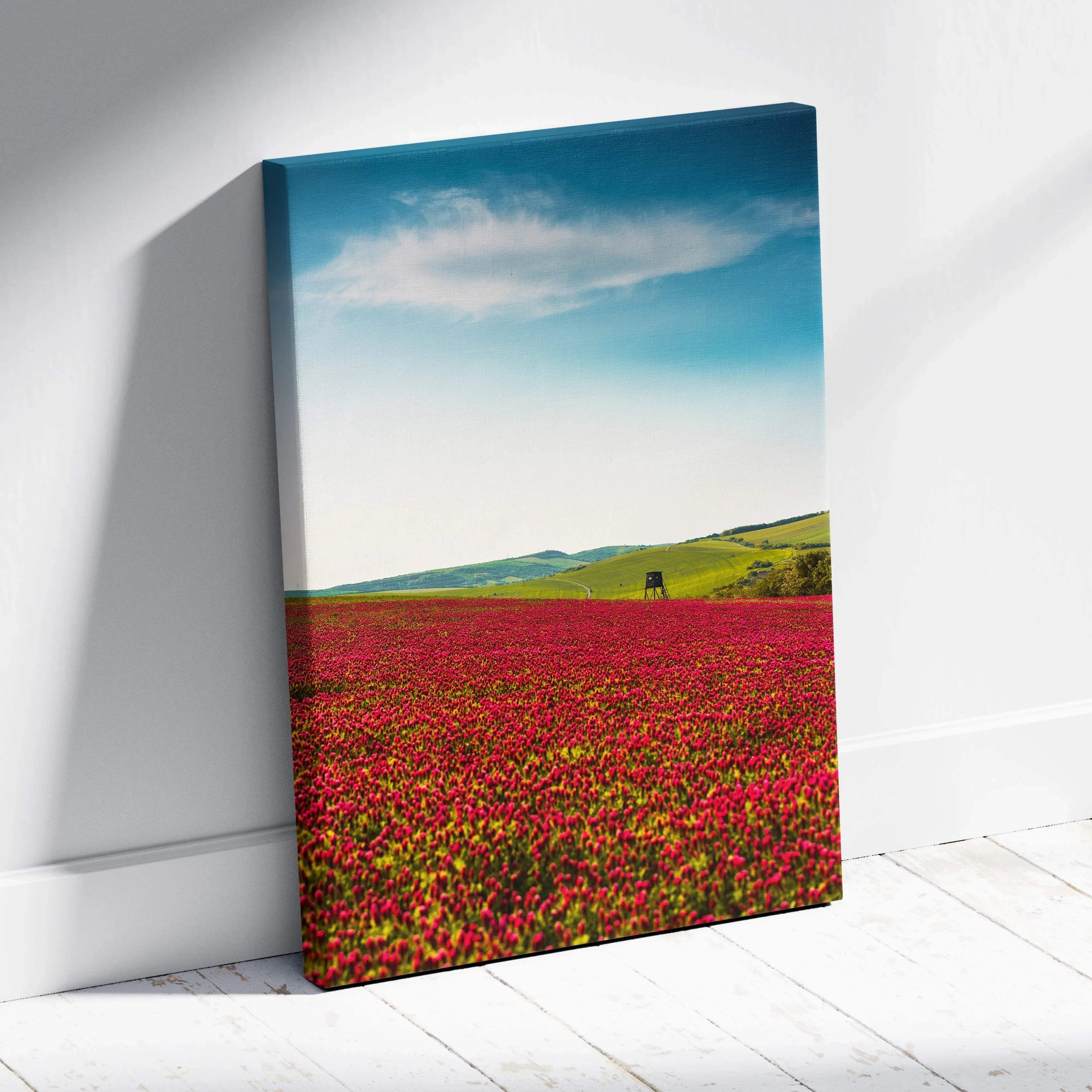 Vibrant red poppy field canvas wall art with hills, tower, blue sky