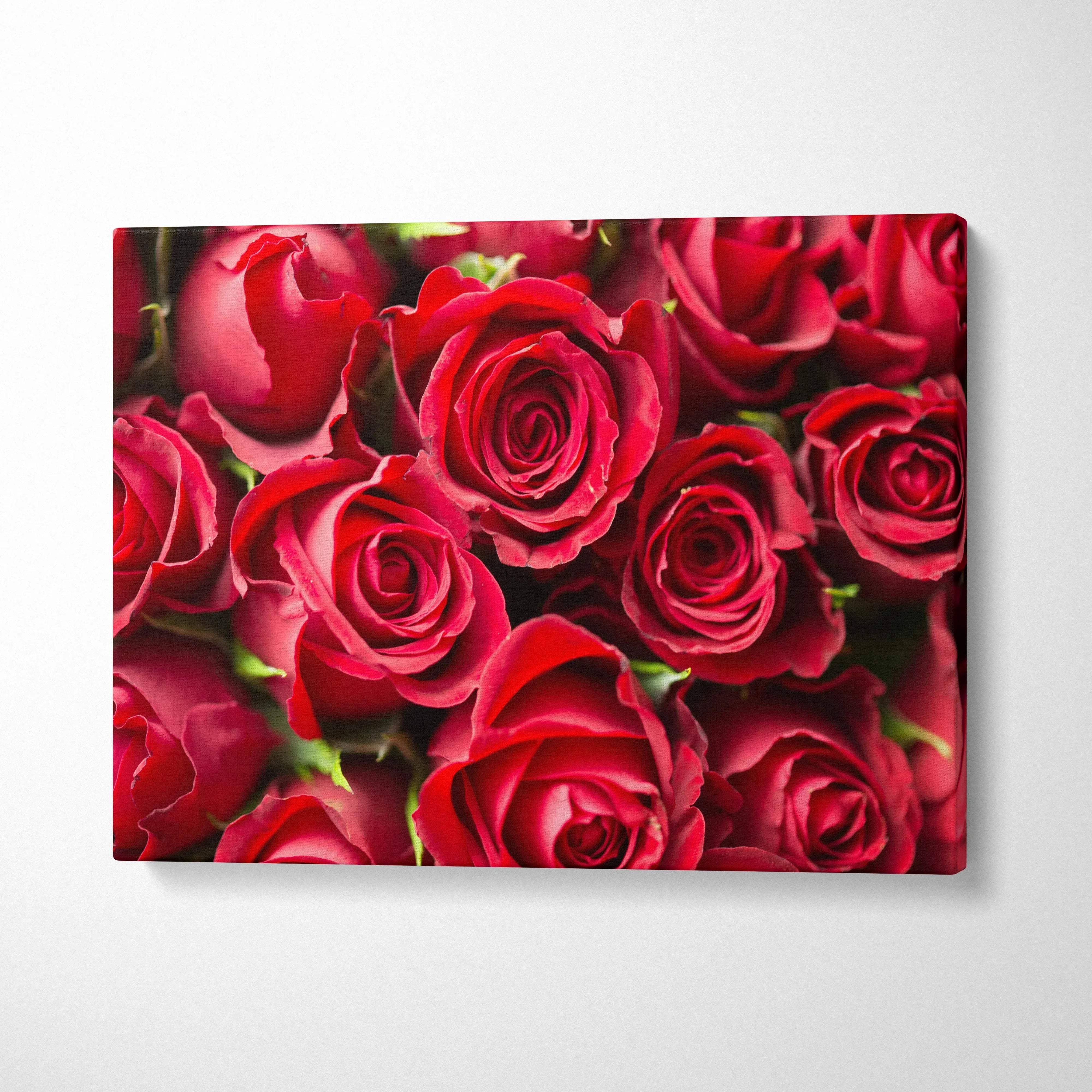 Canvas wall art featuring vibrant red roses with detailed petals for elegant decor.