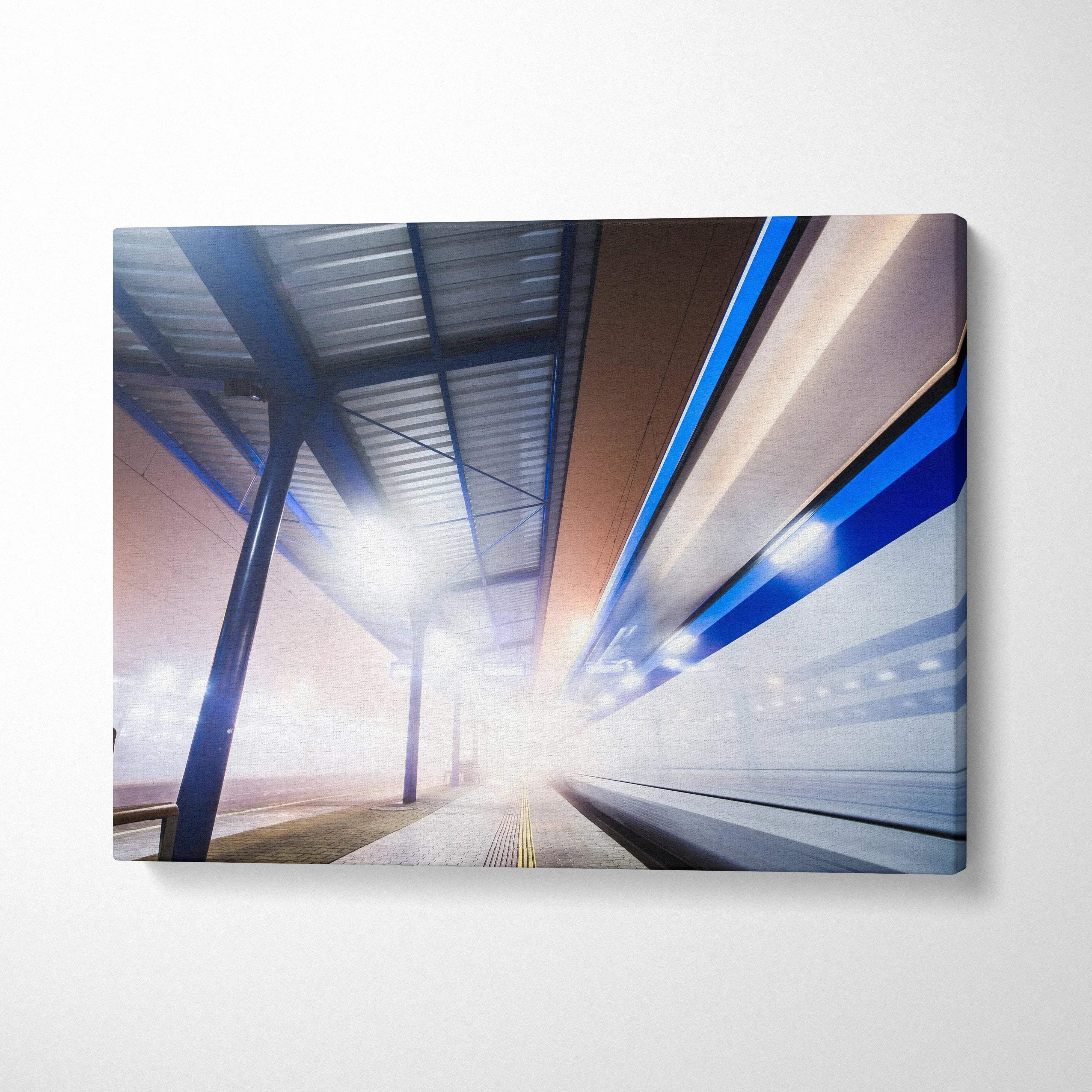 Abstract digital art canvas featuring dynamic blue and white streaks with architectural elements, vibrant wall art.