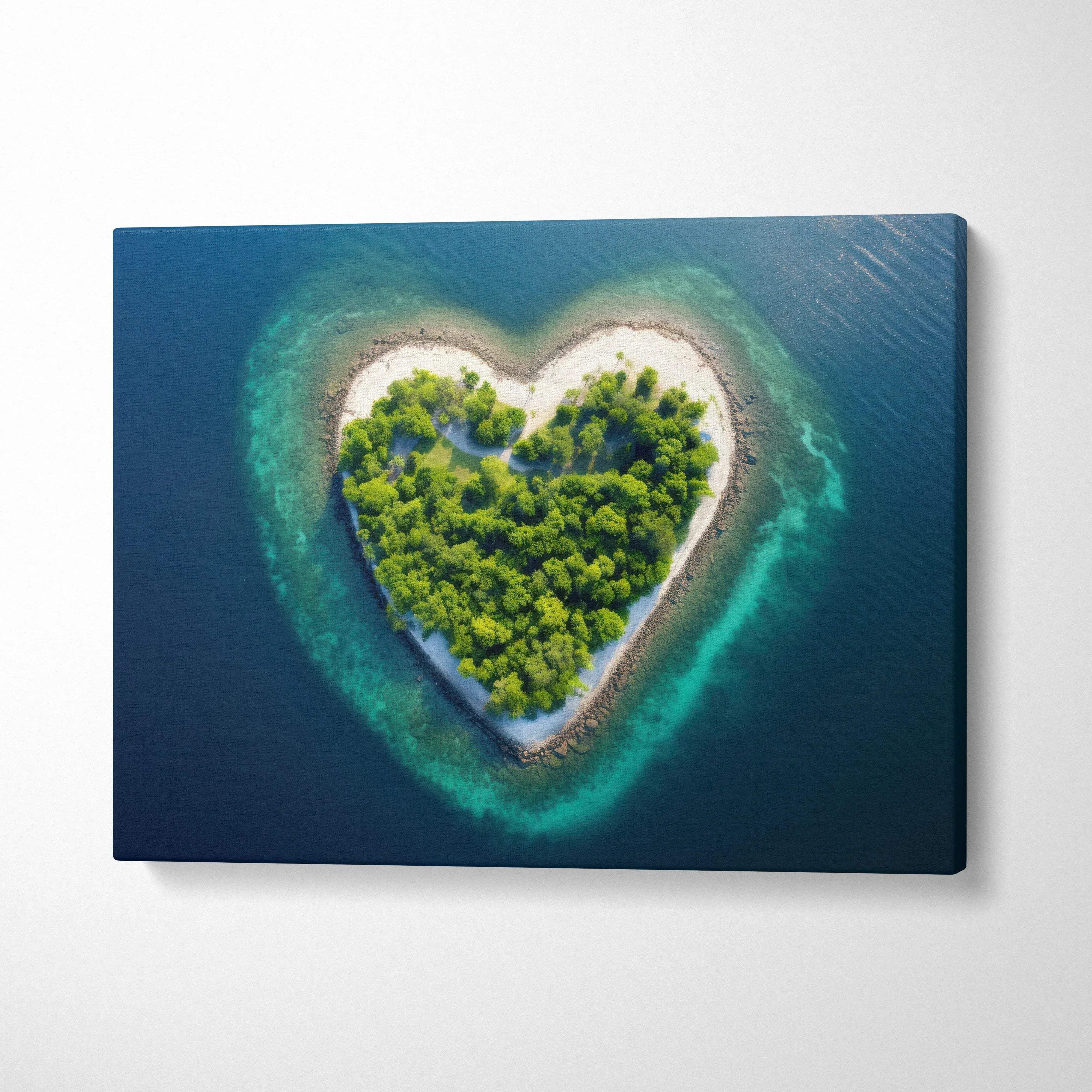 Heart shaped island canvas print with lush trees and turquoise waters