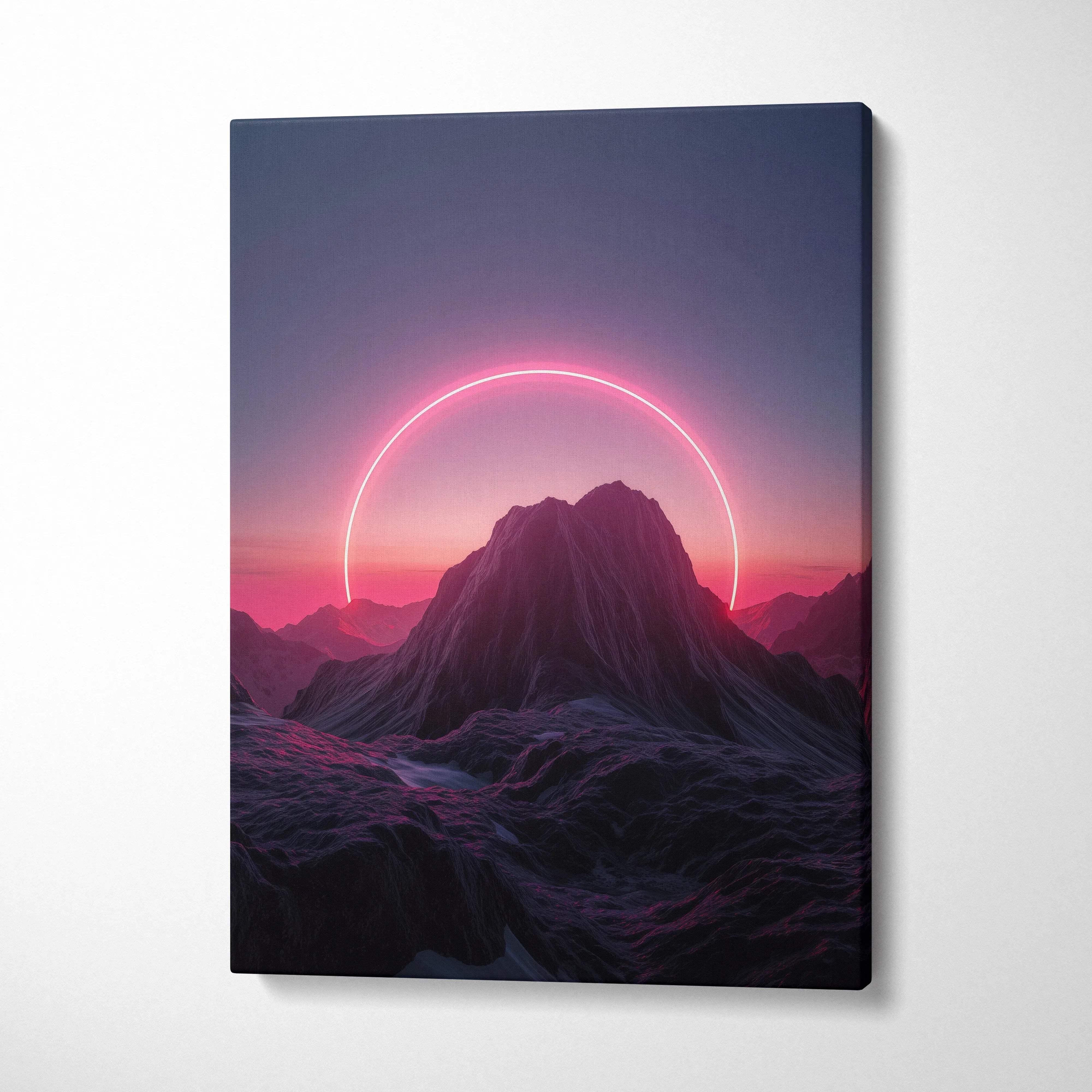 Vibrant neon pink circle glows behind mountain silhouette canvas wall art