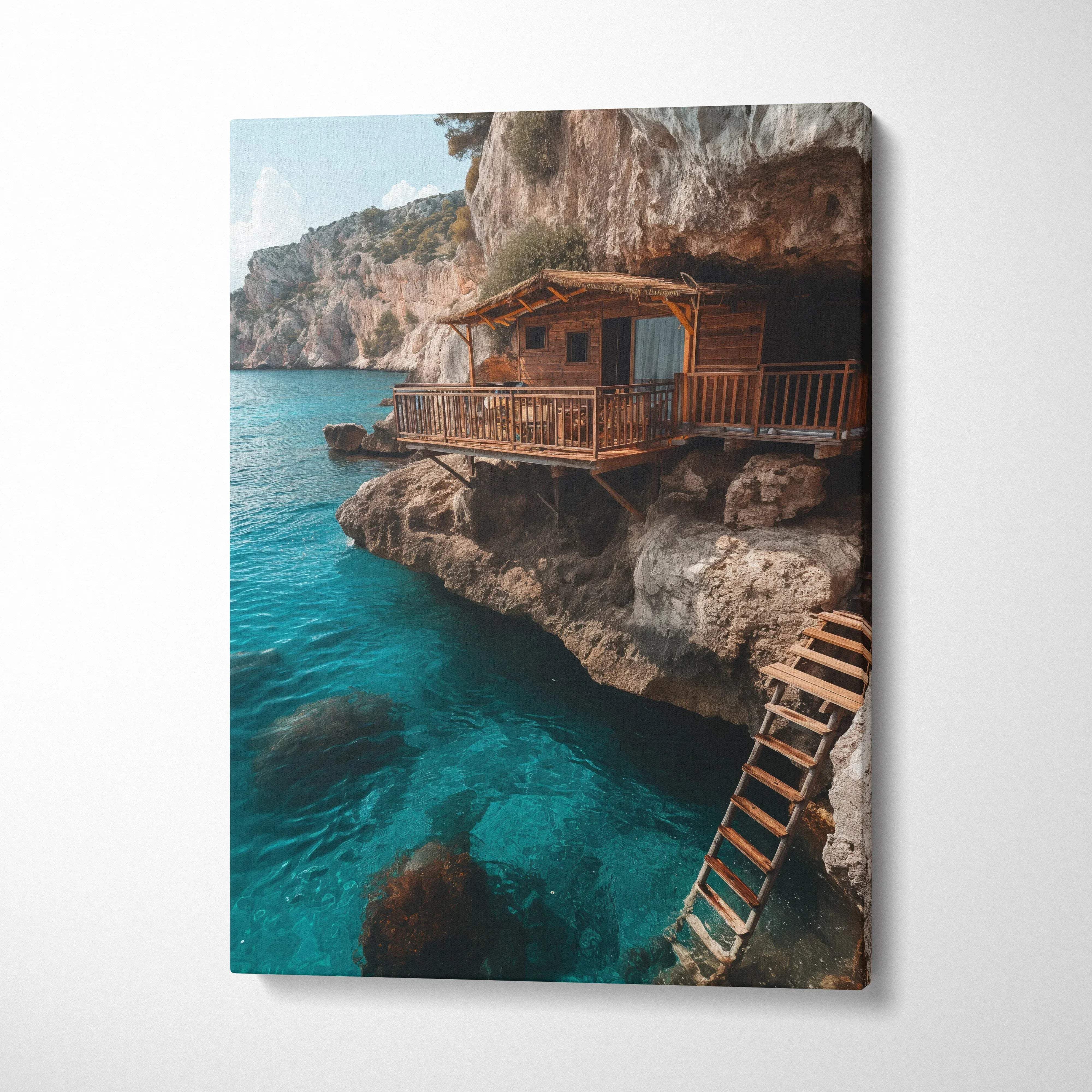 Vertical canvas art of a wooden cabin built on rocky cliffs over clear blue water, wall art for home decor.