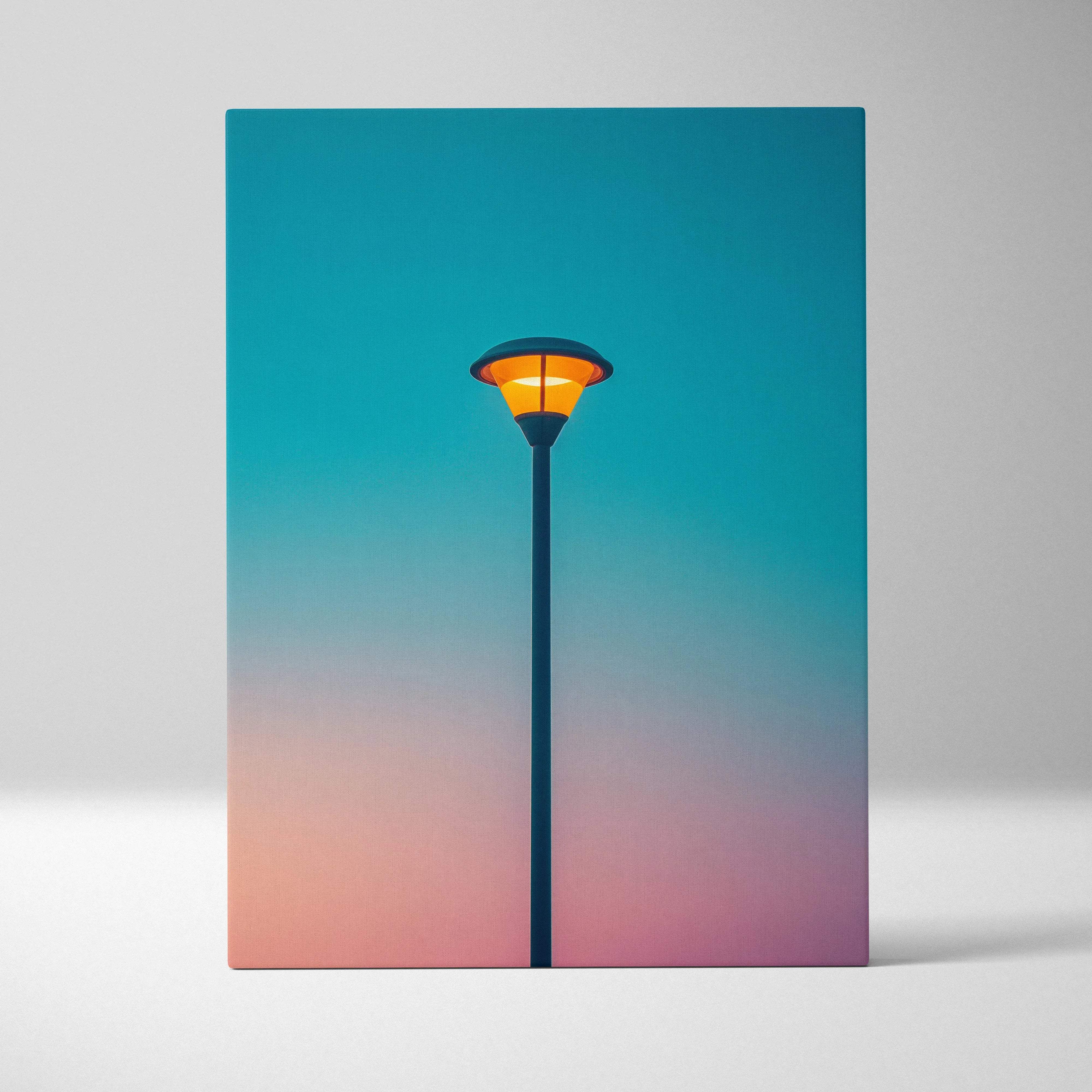 Minimal canvas print of glowing orange streetlamp on teal to peach gradient sky