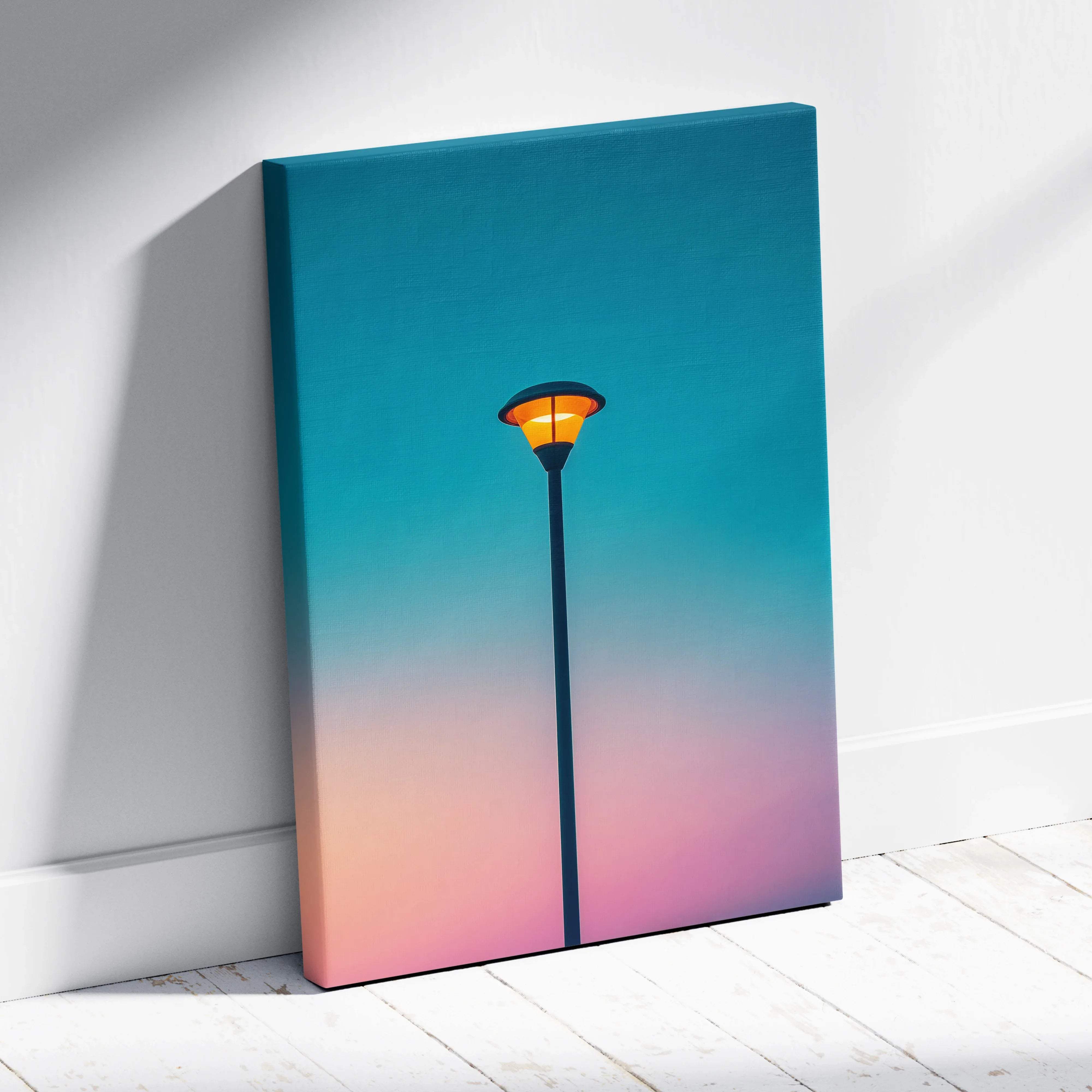 Minimalist canvas print of solitary streetlamp with orange glow on teal to peach gradient sky