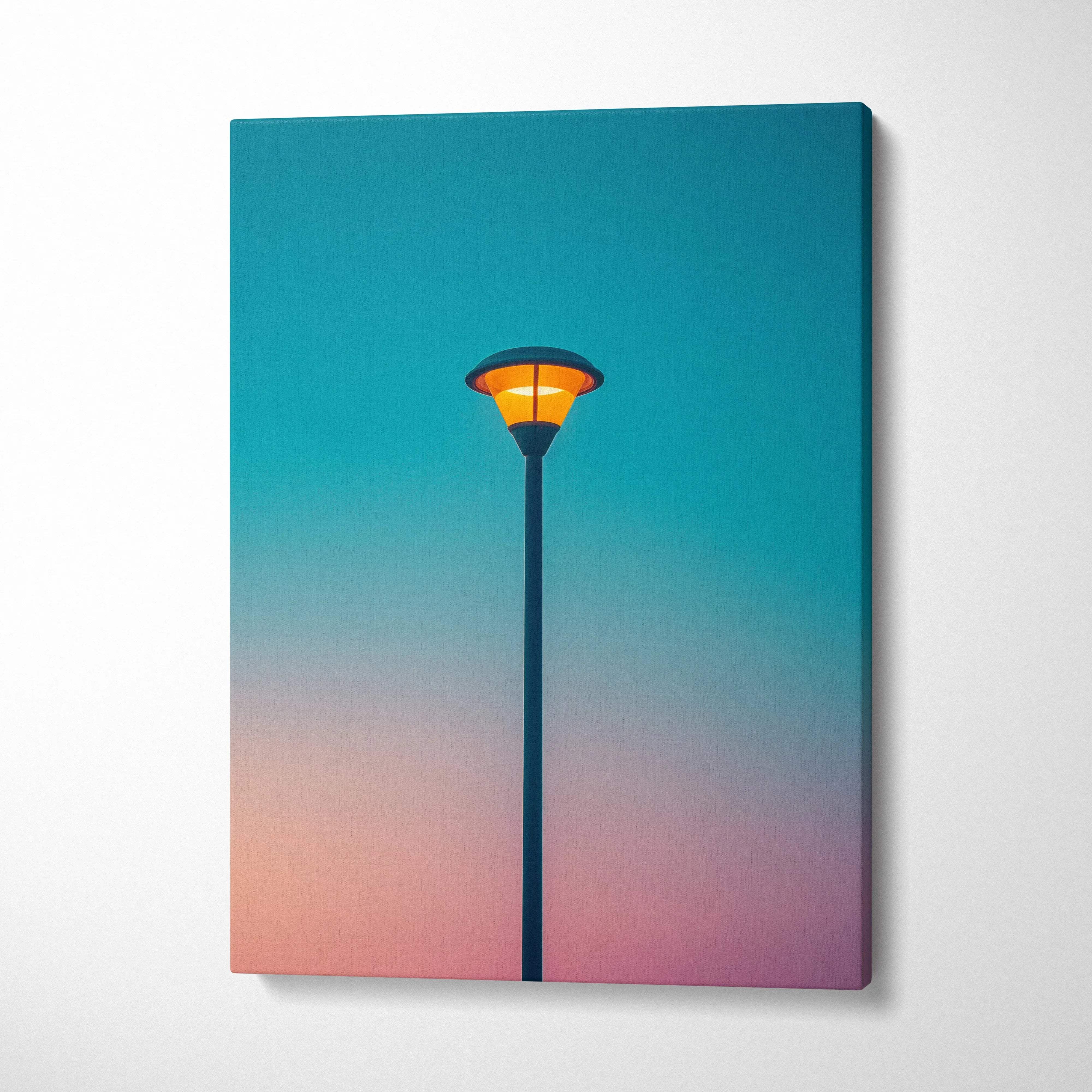Modern canvas print of solitary streetlamp glowing amber against teal peach sky