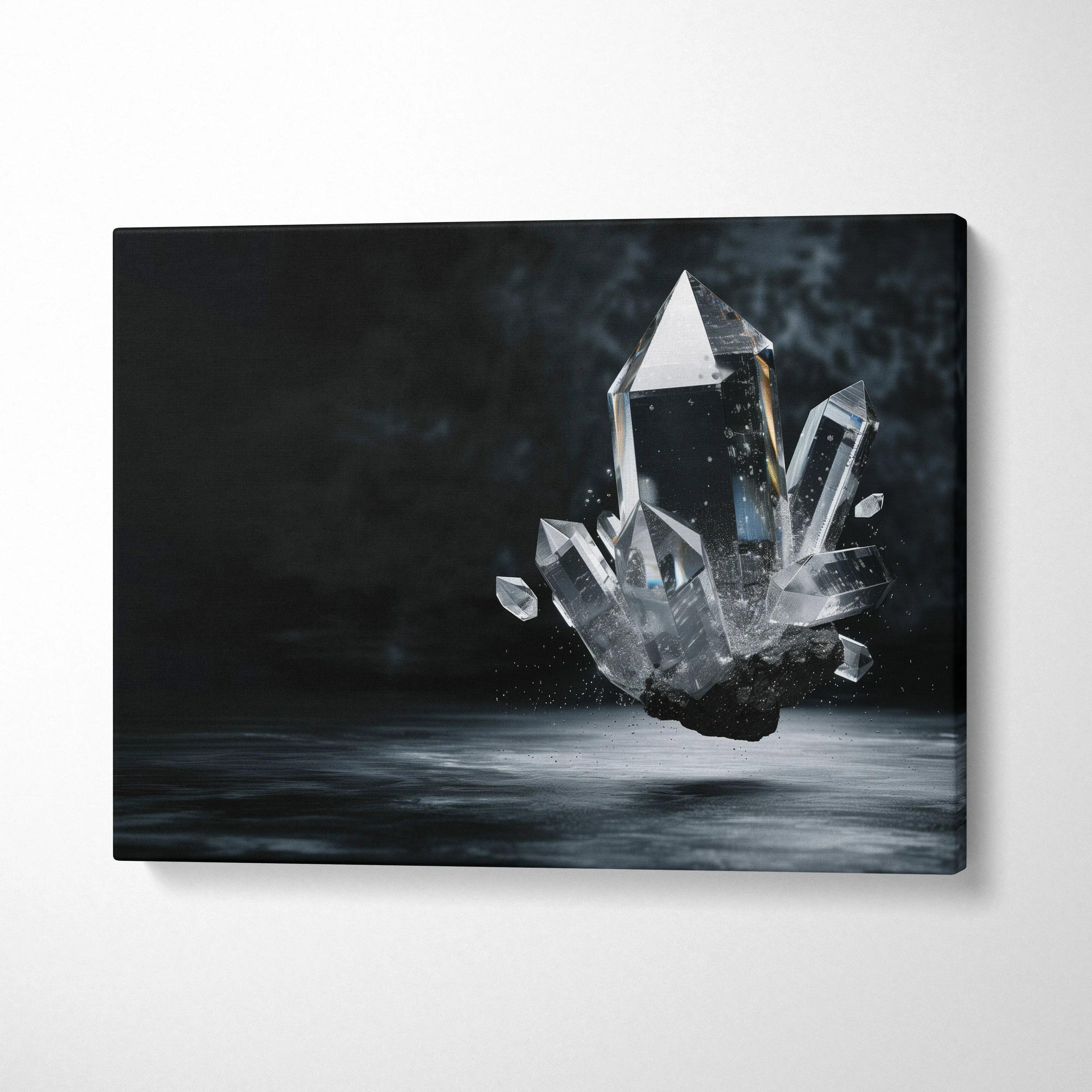 Abstract digital crystal cluster design on black background canvas wall art.