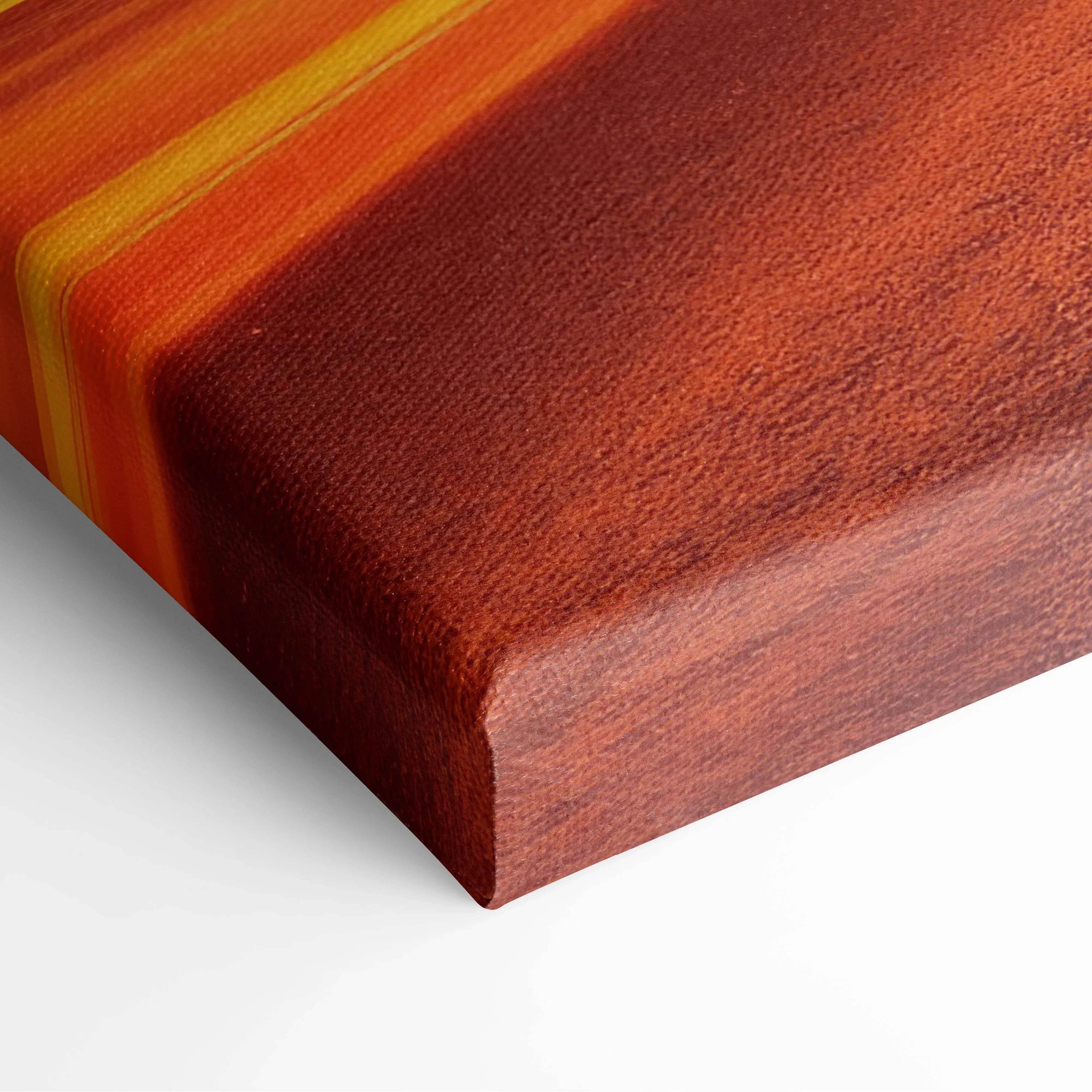 Moody night forest road canvas wall art with vibrant orange and yellow stripes on reddish brown textured print