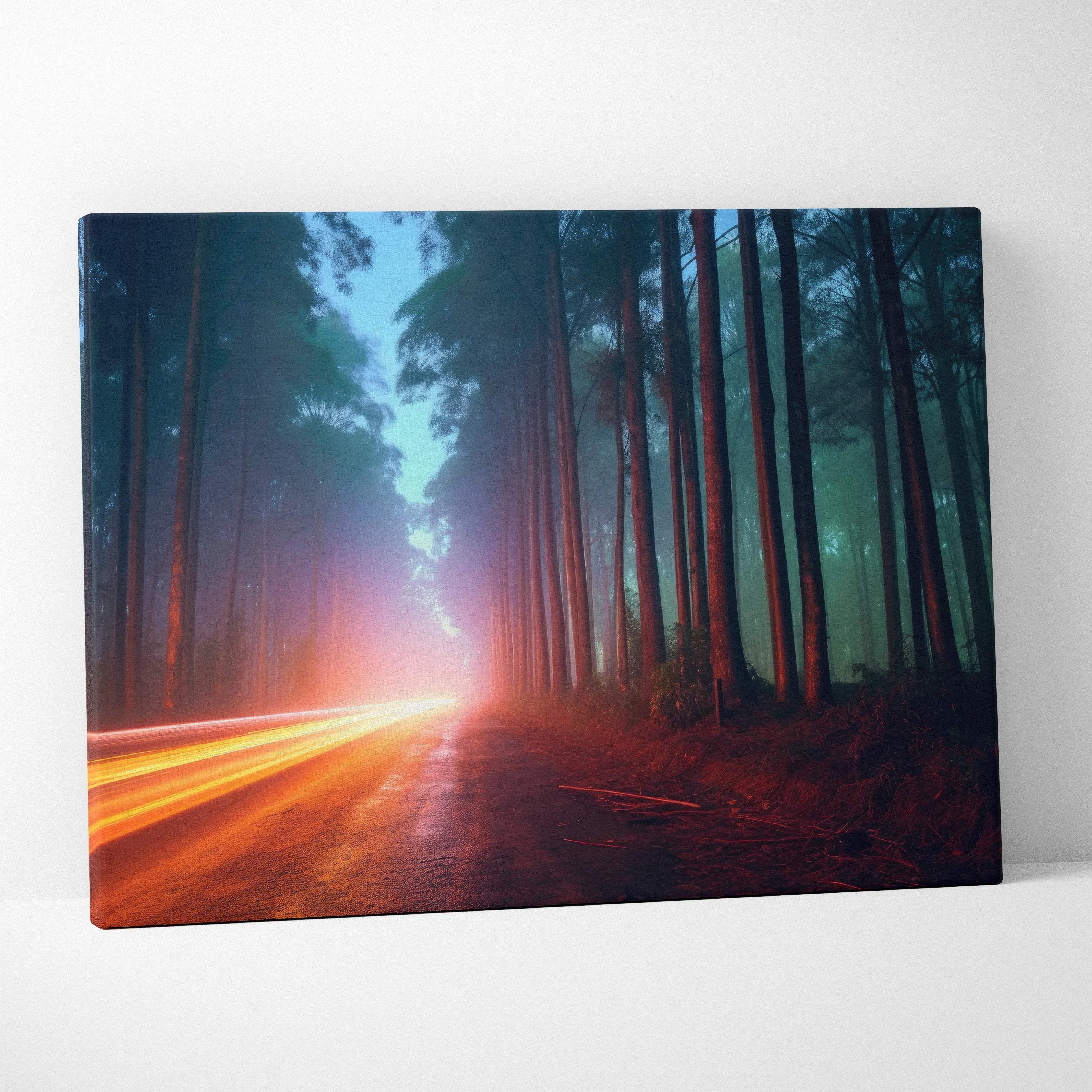 Rectangular canvas wall art of a misty forest road with neon orange and blue car light trails at night