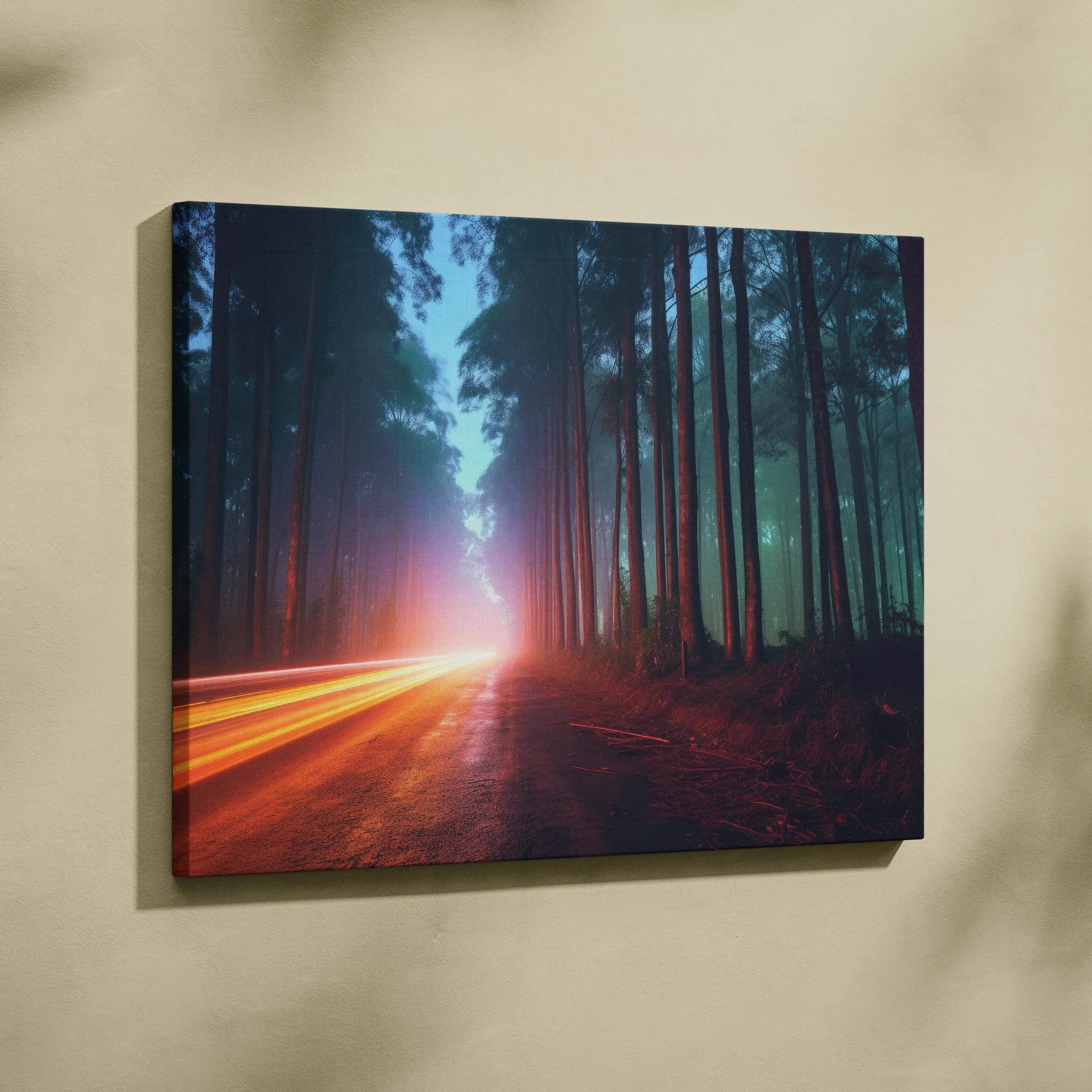 Rectangular canvas wall art of a forest road at dawn with vibrant orange car light trails and tall trees framing the scene