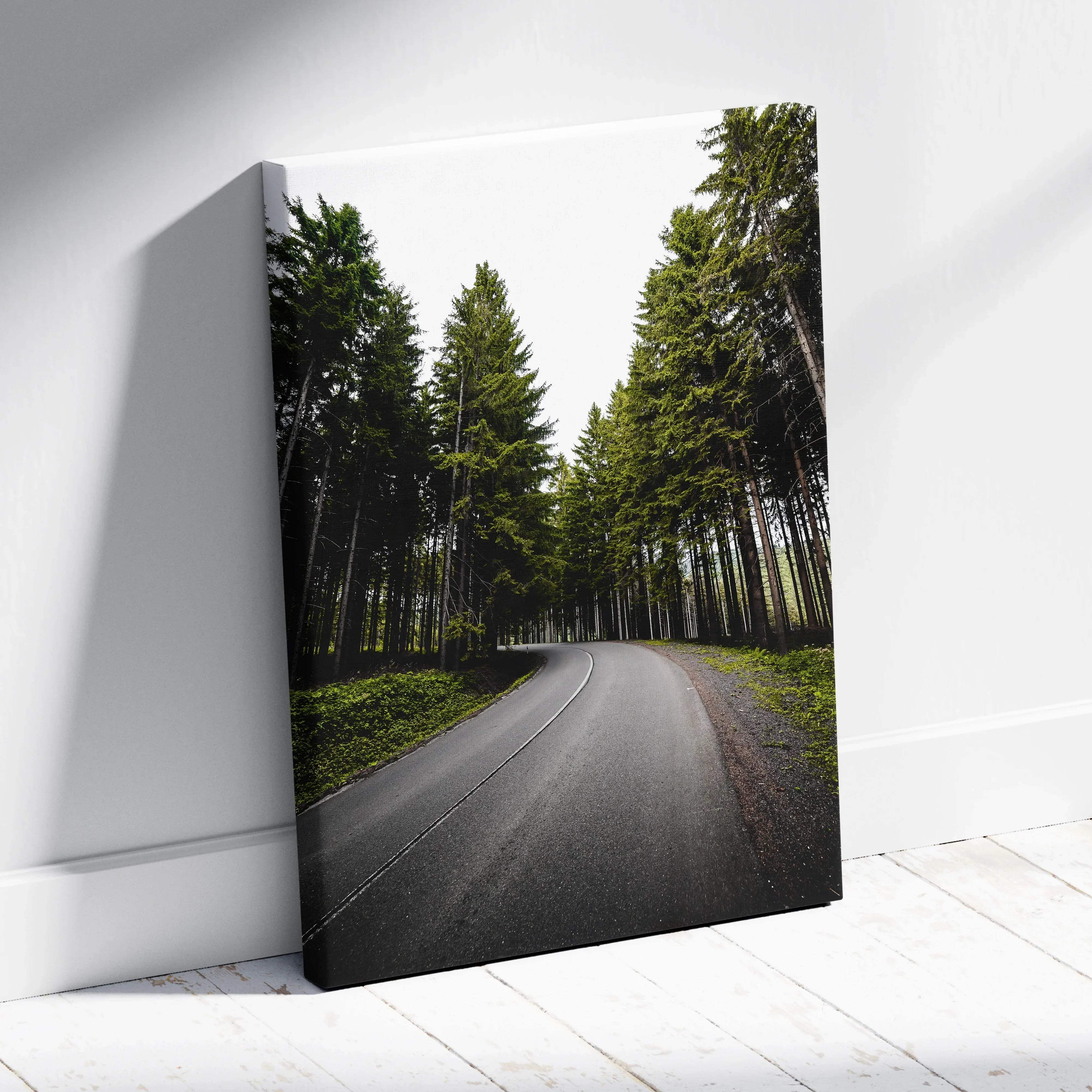 Black-and-white canvas print of winding asphalt road with green pine trees forest sunset road wall art for living room