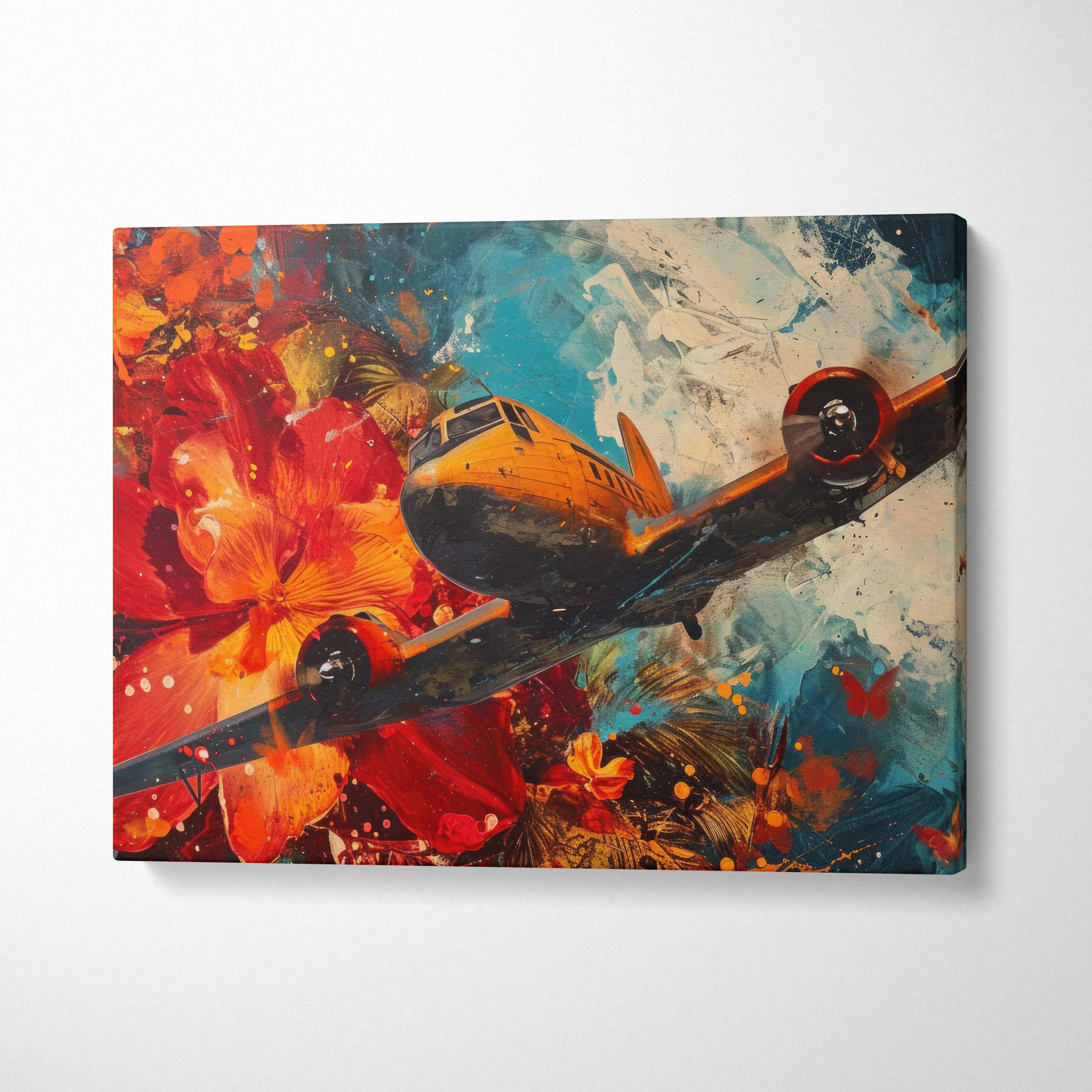 Vibrant Surreal Visionary canvas print of airplane and tropical flowers