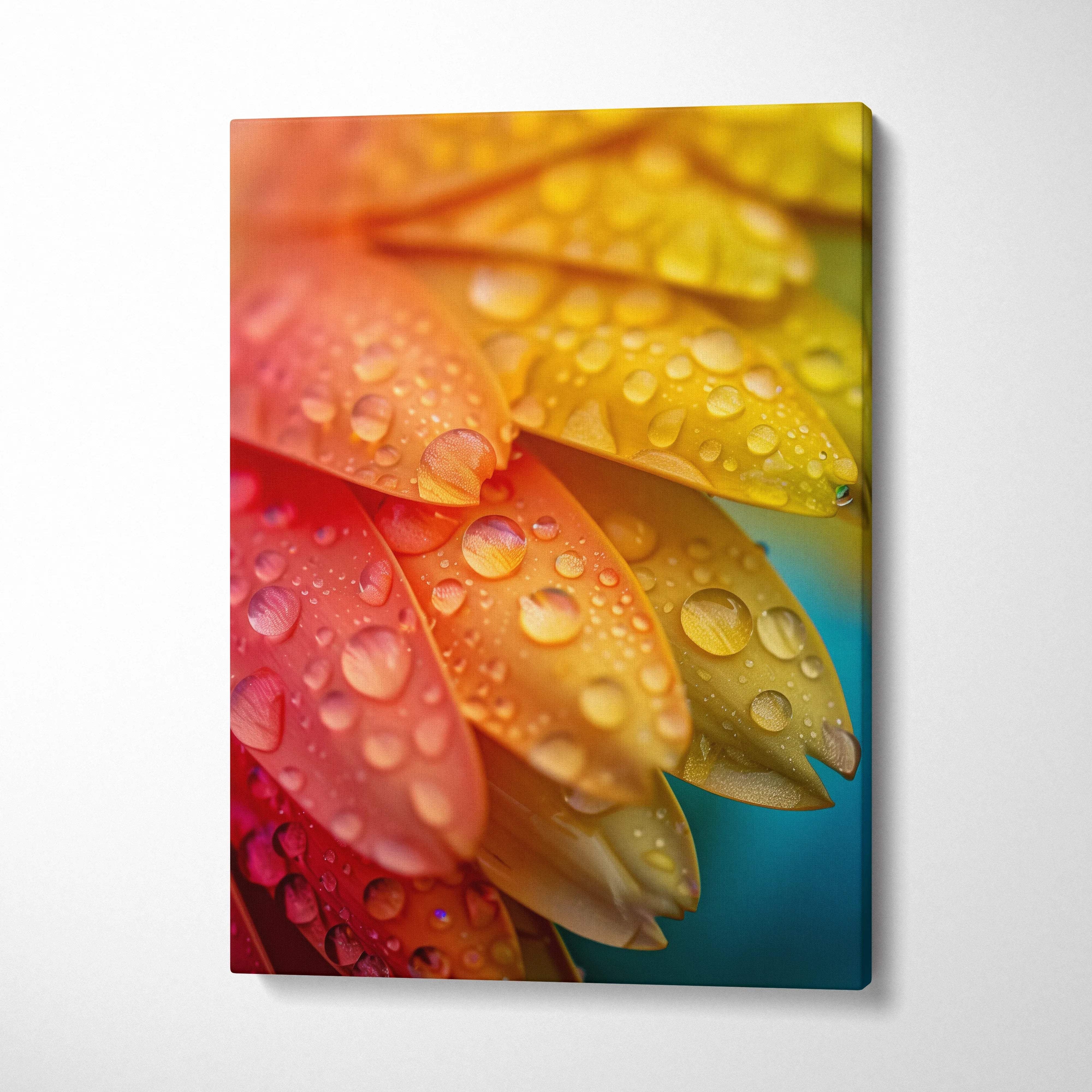Vibrant macro floral canvas print with rainbow droplets in orange yellow pink hues