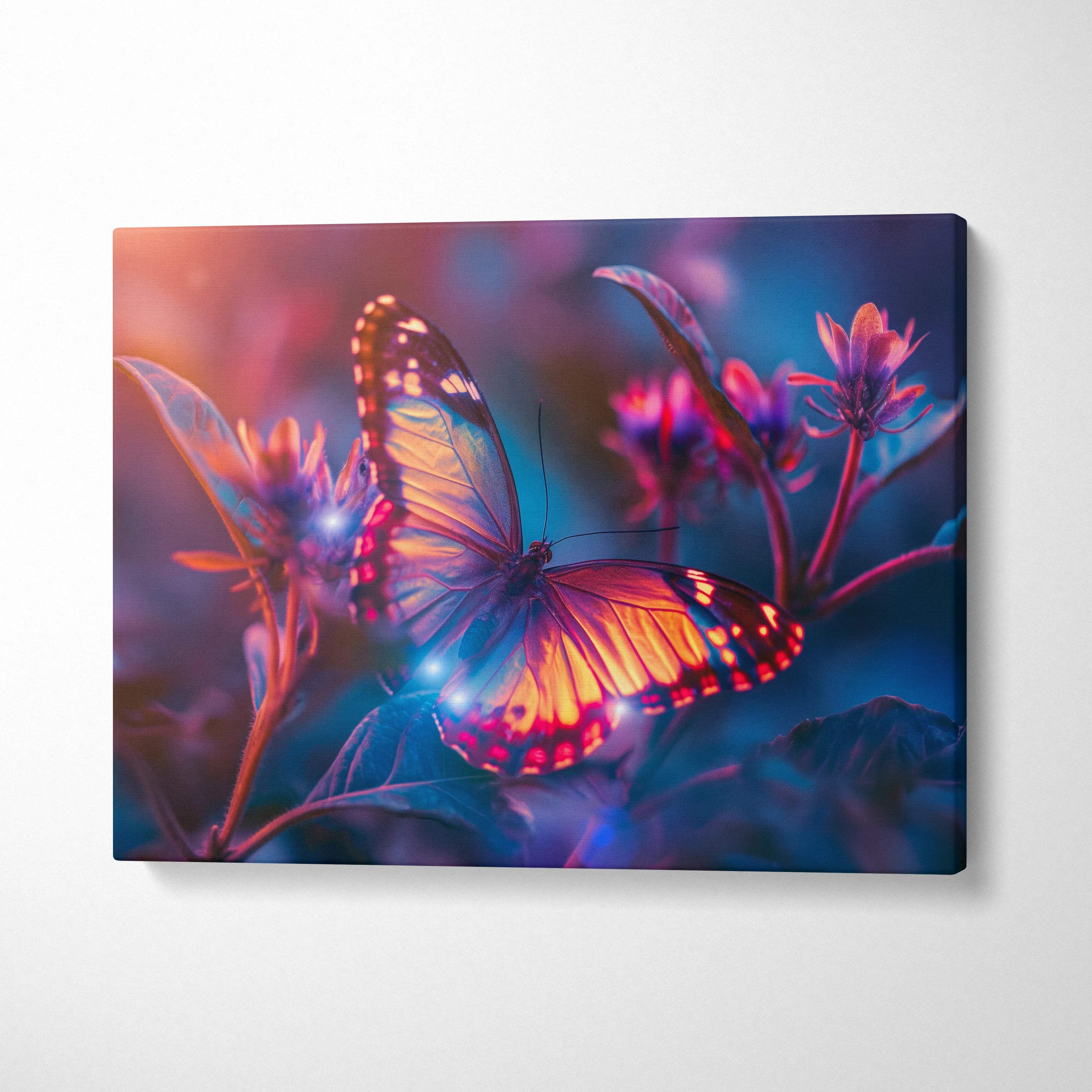 Vibrant orange blue glowing butterfly canvas wall art with neon floral backdrop