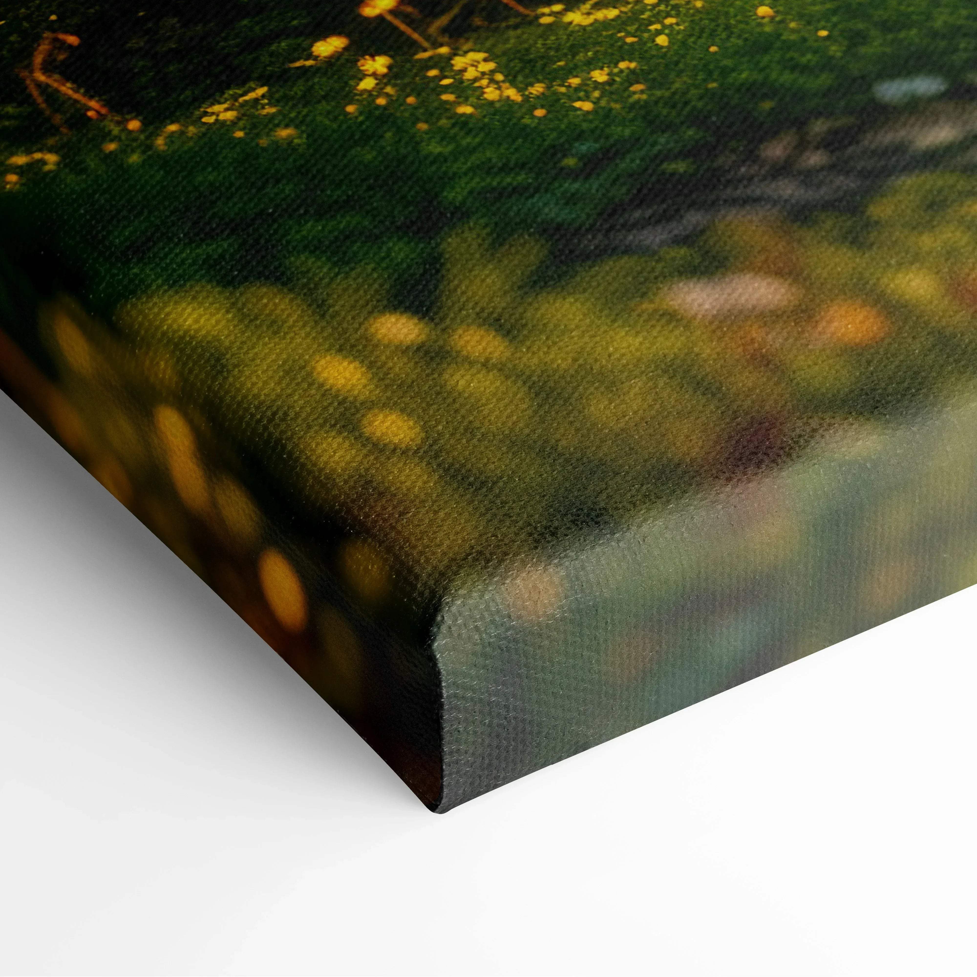 A canvas wall art featuring a vibrant field of yellow flowers in an impressionistic style with lush greenery