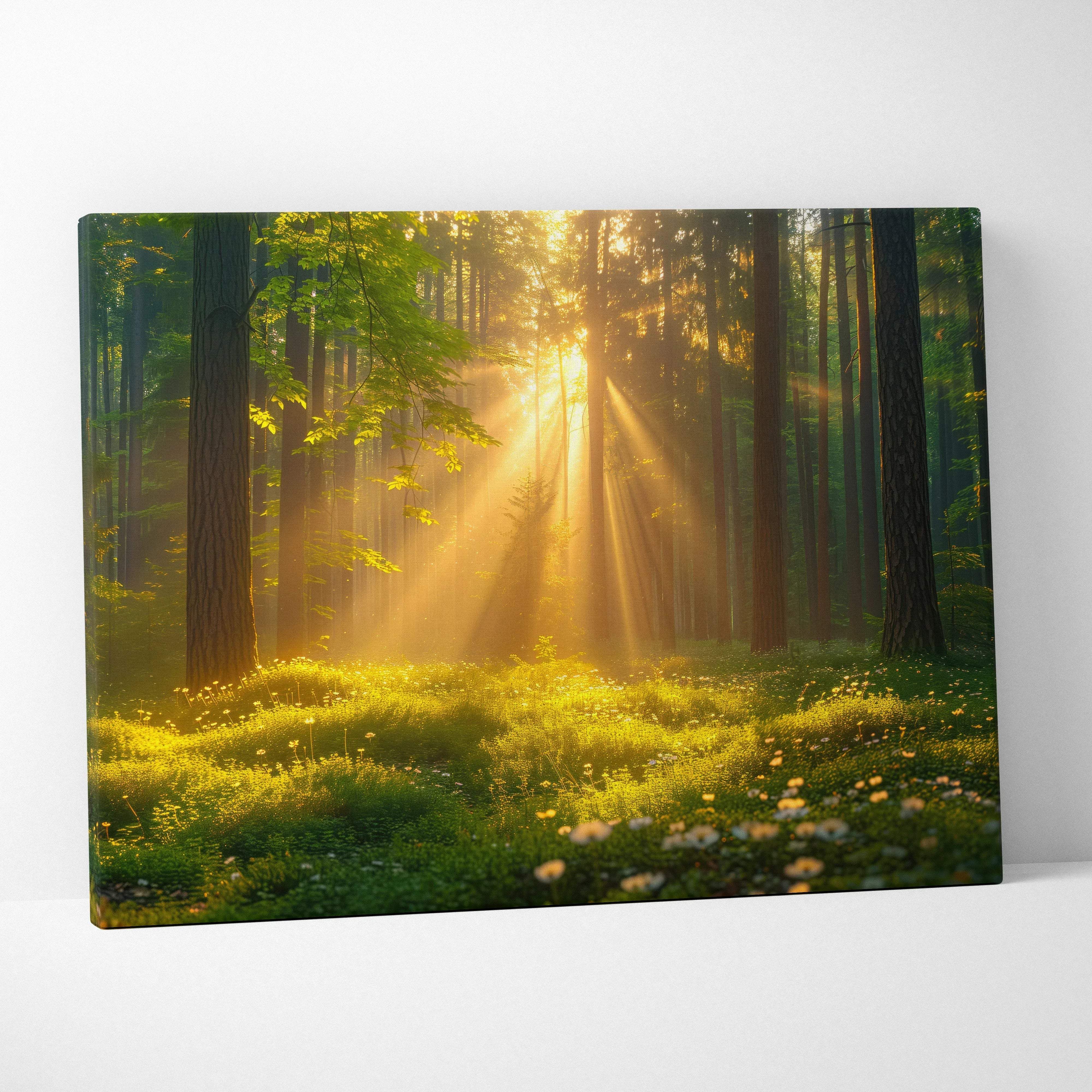 Rectangular canvas wall art of sunlit forest scene with golden rays filtering through trees illuminating green foliage