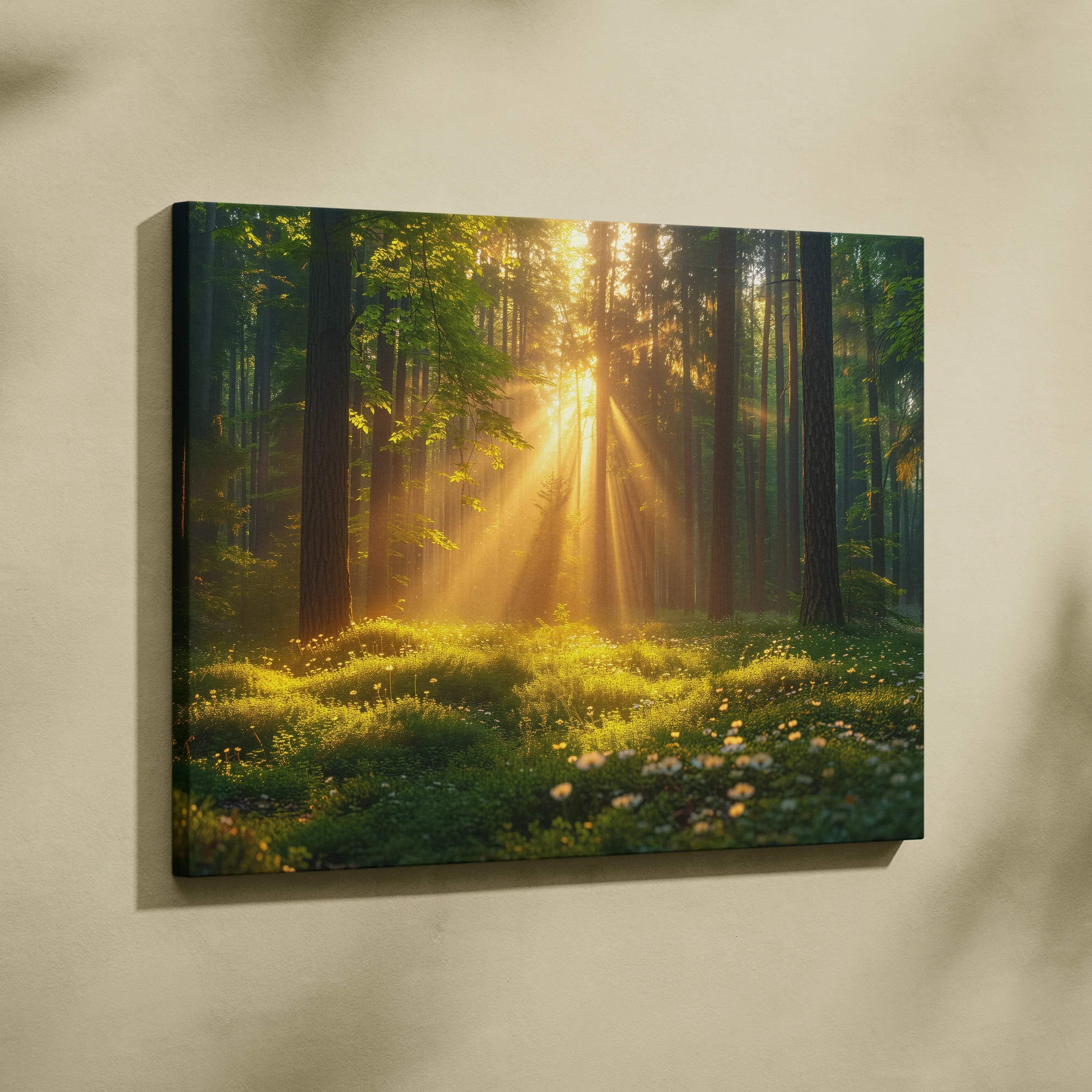A rectangular canvas wall art showing a sunlit forest scene with golden rays filtering through green trees and wildflowers