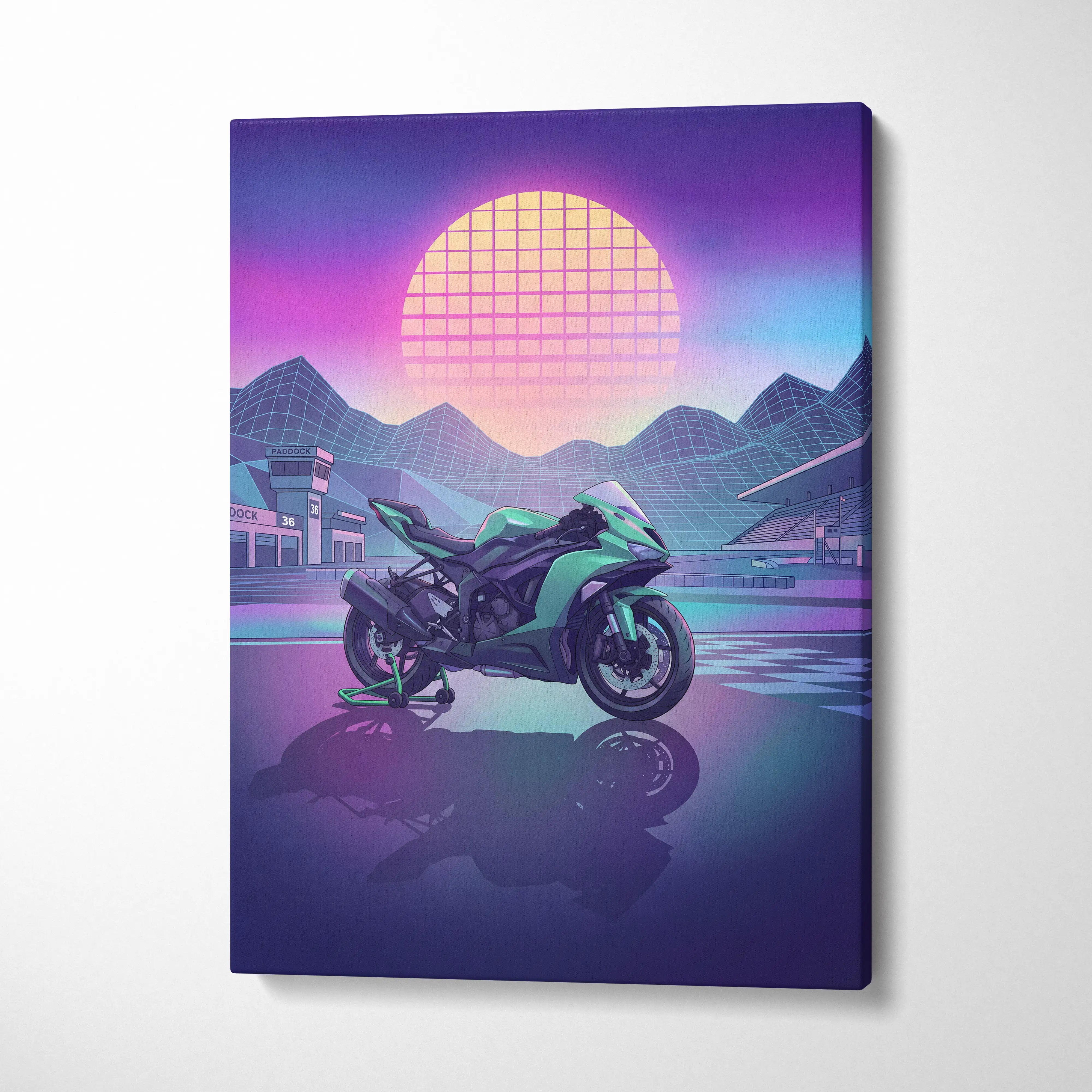 Kawasaki Ninja ZX-6R Inspired Green Purple Vaporwave Motorcycle Canvas Wall Art Neon Track Sportbike Artwork Retro Futuristic Garage Decor