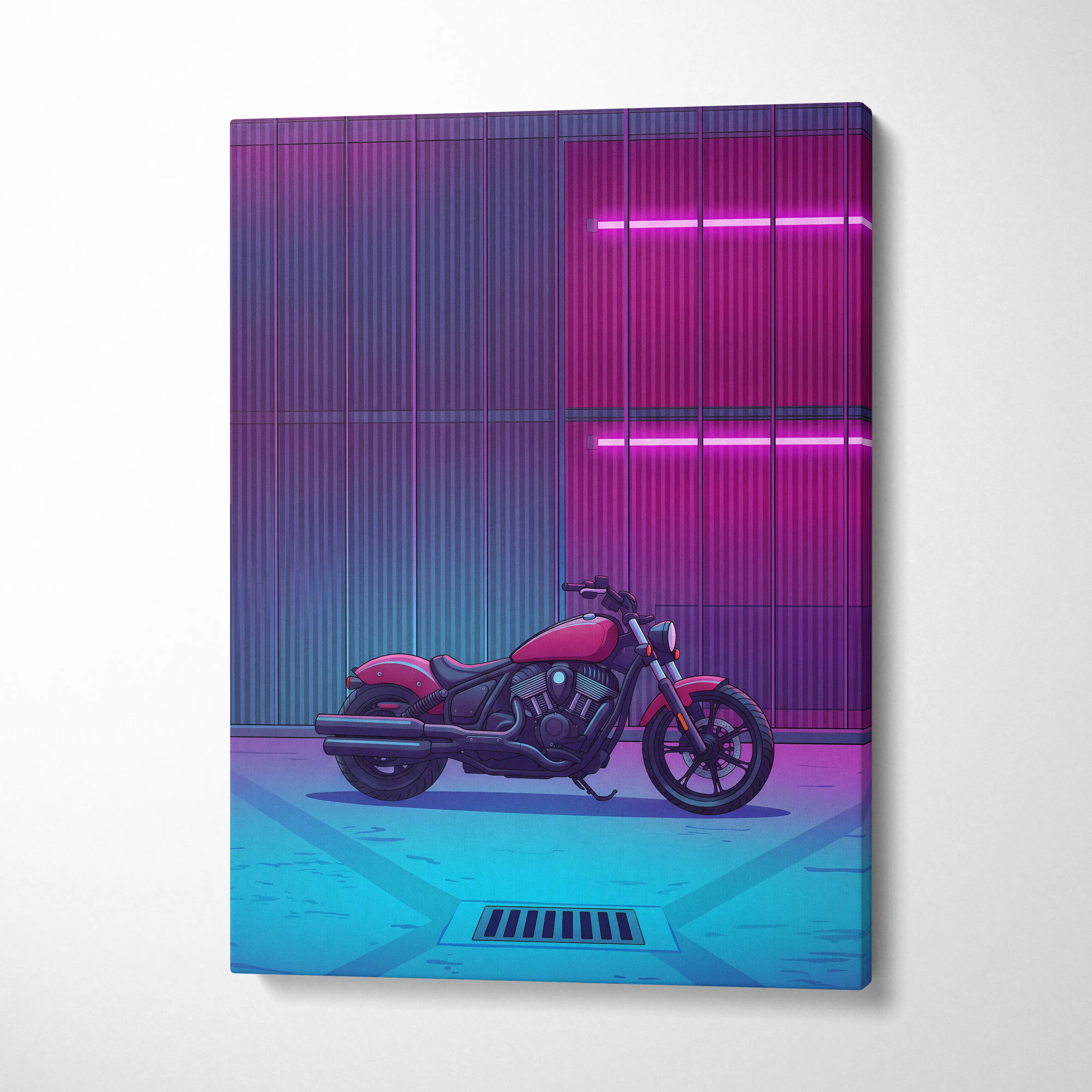 Indian Scout Inspired Pink Cyan Motorcycle Canvas Wall Art Vaporwave Neon Cruiser Garage Decor Retro Futuristic Urban Bike Artwork