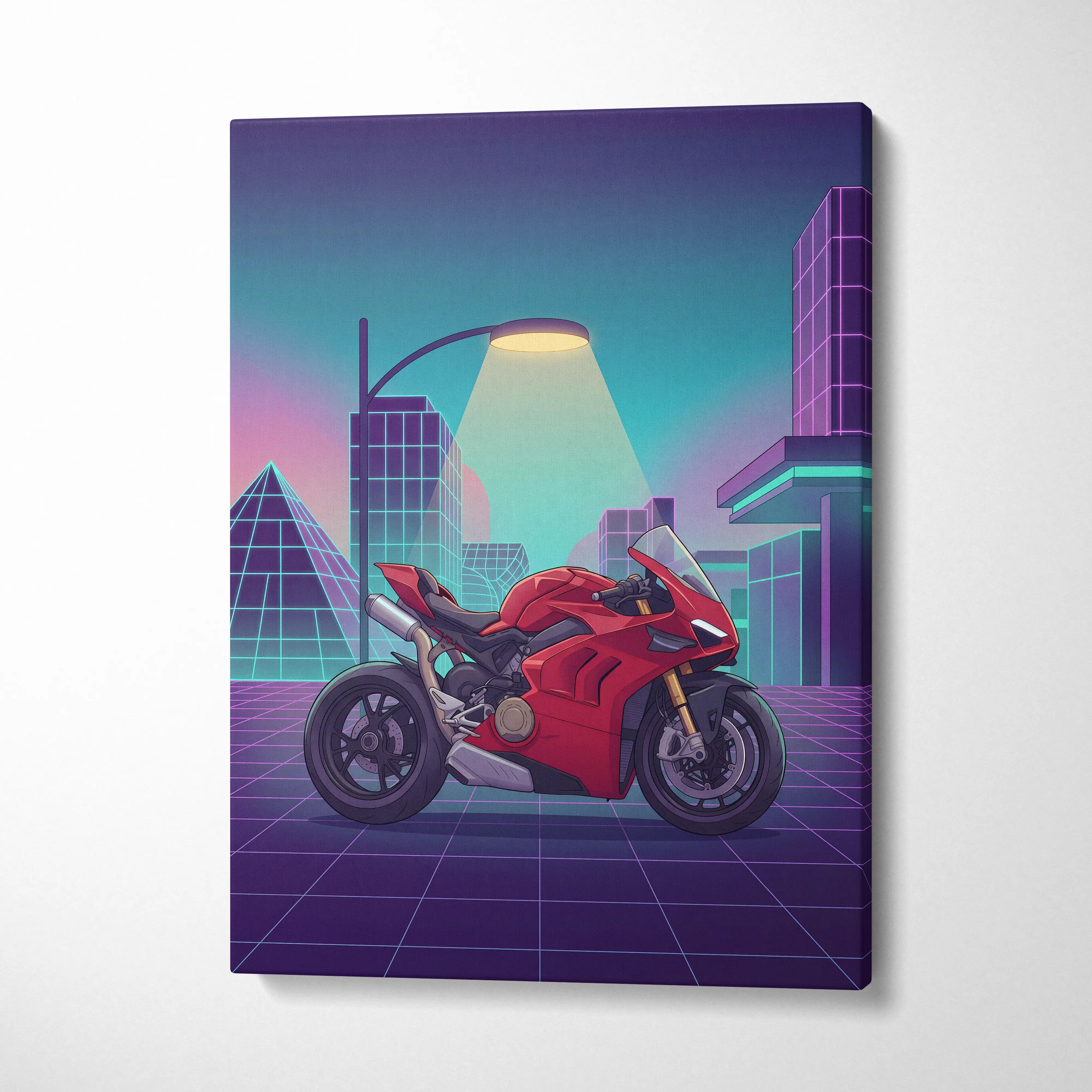 Ducati Panigale V4 Inspired Red Purple Motorcycle Canvas Wall Art Vaporwave Neon City Sportbike Garage Decor Retro Futuristic Racing Artwork