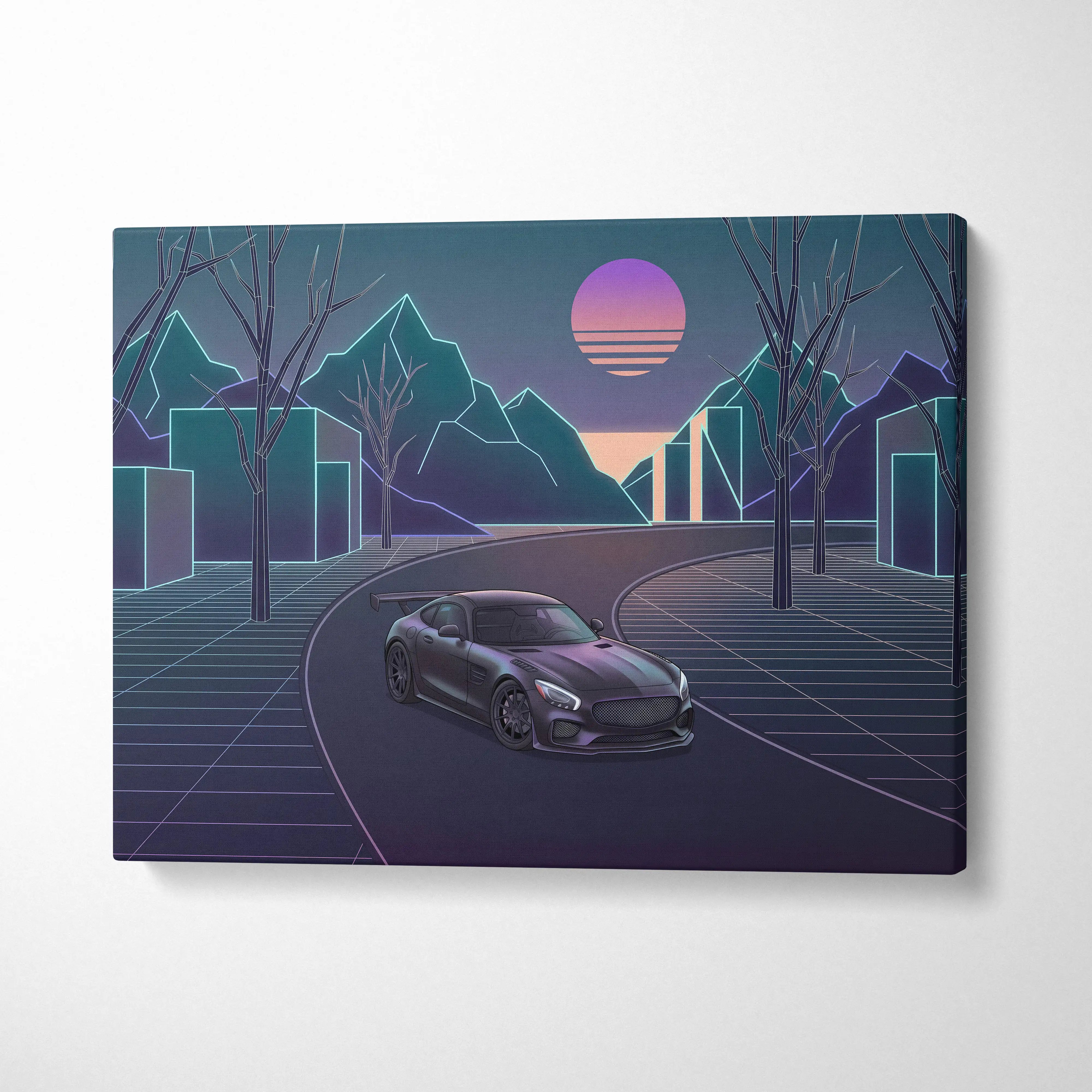 Mercedes AMG GTR Inspired Neon Sunset Dreamscape - Vaporwave Car Canvas Art Neon Pink Teal For Living Room Retro Futurism