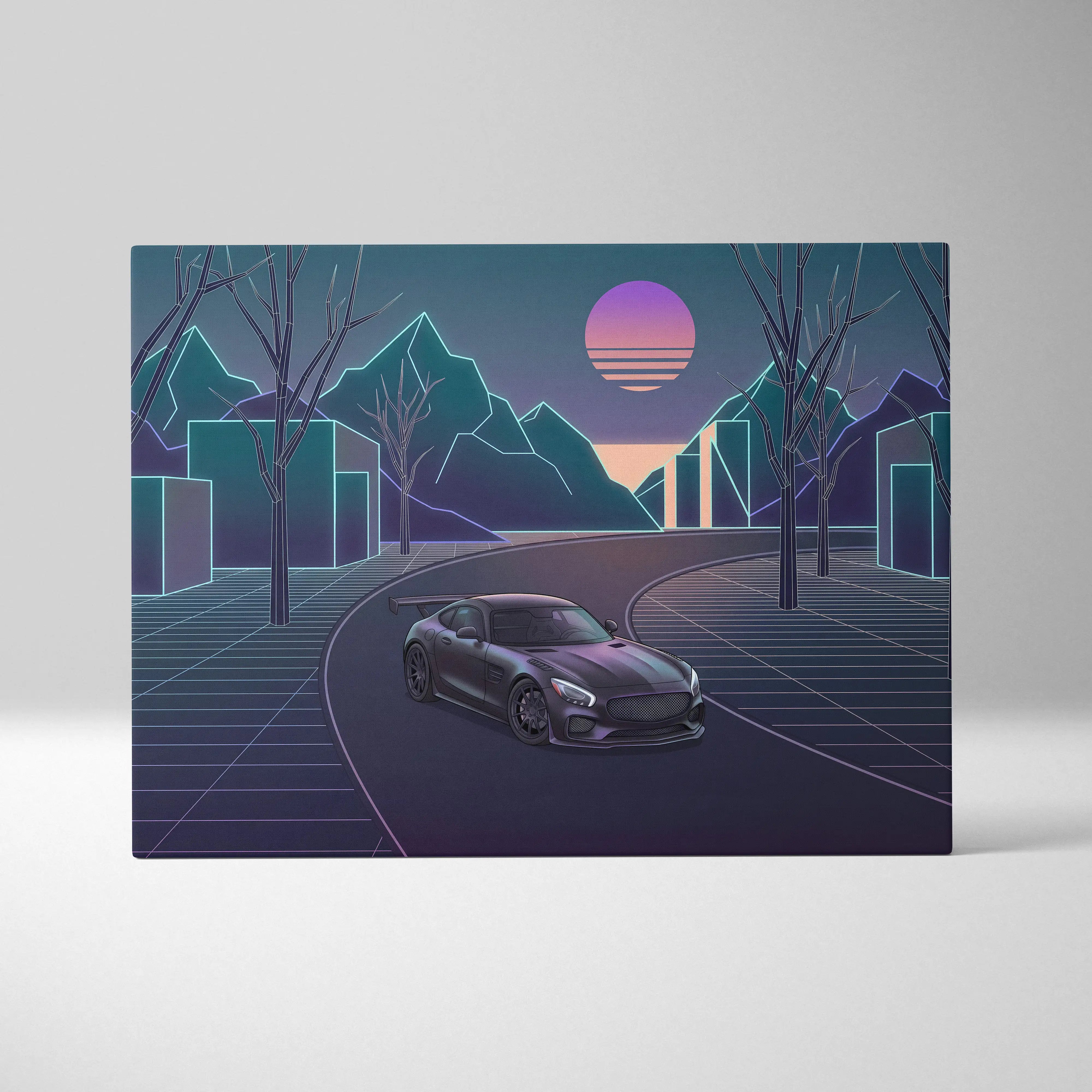 Mercedes AMG GTR Inspired Neon Sunset Dreamscape - Vaporwave Car Canvas Art Neon Pink Teal For Living Room Retro Futurism