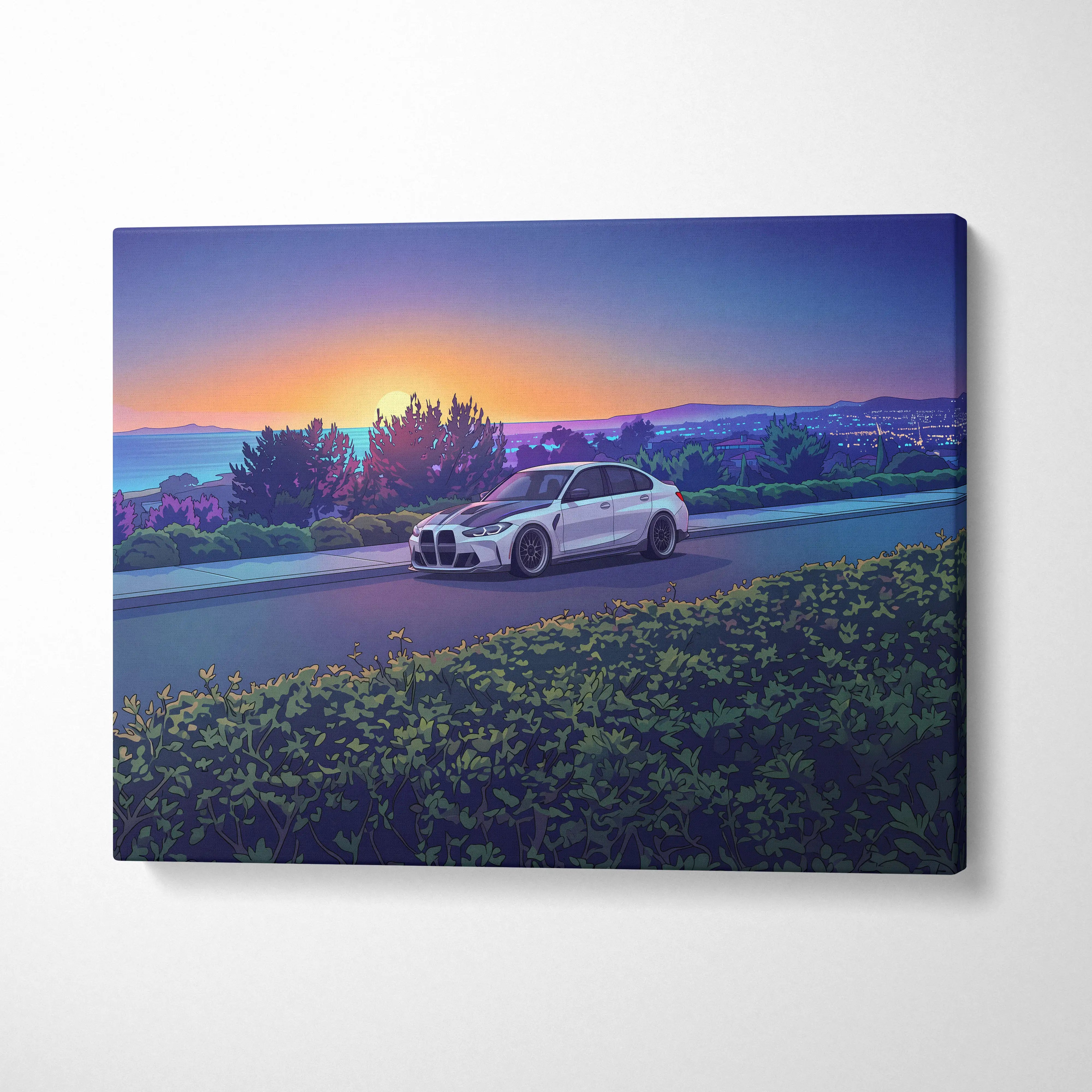 BMW M3 Inspired Vaporwave Car Canvas - Vaporwave Car Art Neon Sunset Living Room Retro Futurism Nostalgic Mood Canvas Print