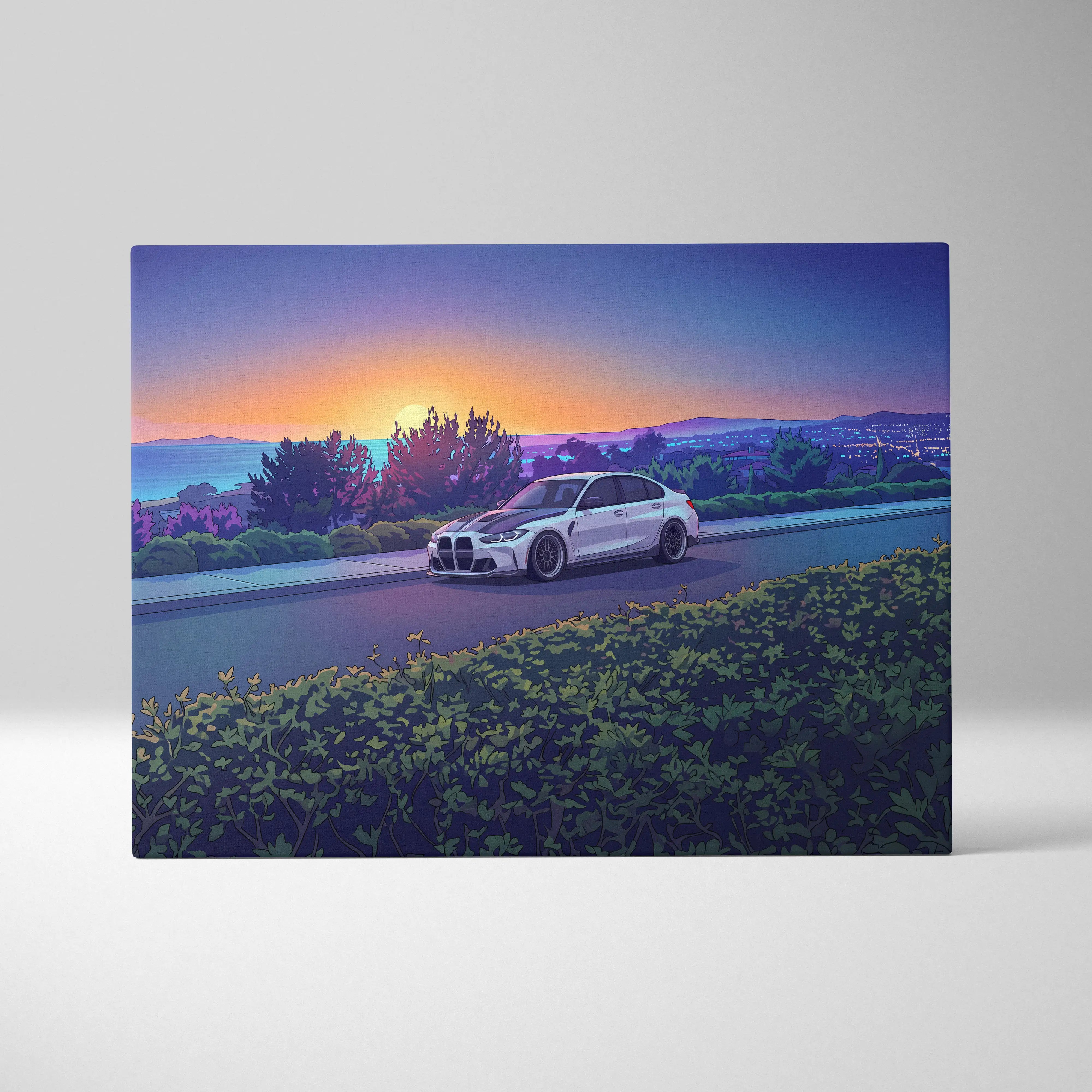 BMW M3 Inspired Vaporwave Car Canvas - Vaporwave Car Art Neon Sunset Living Room Retro Futurism Nostalgic Mood Canvas Print