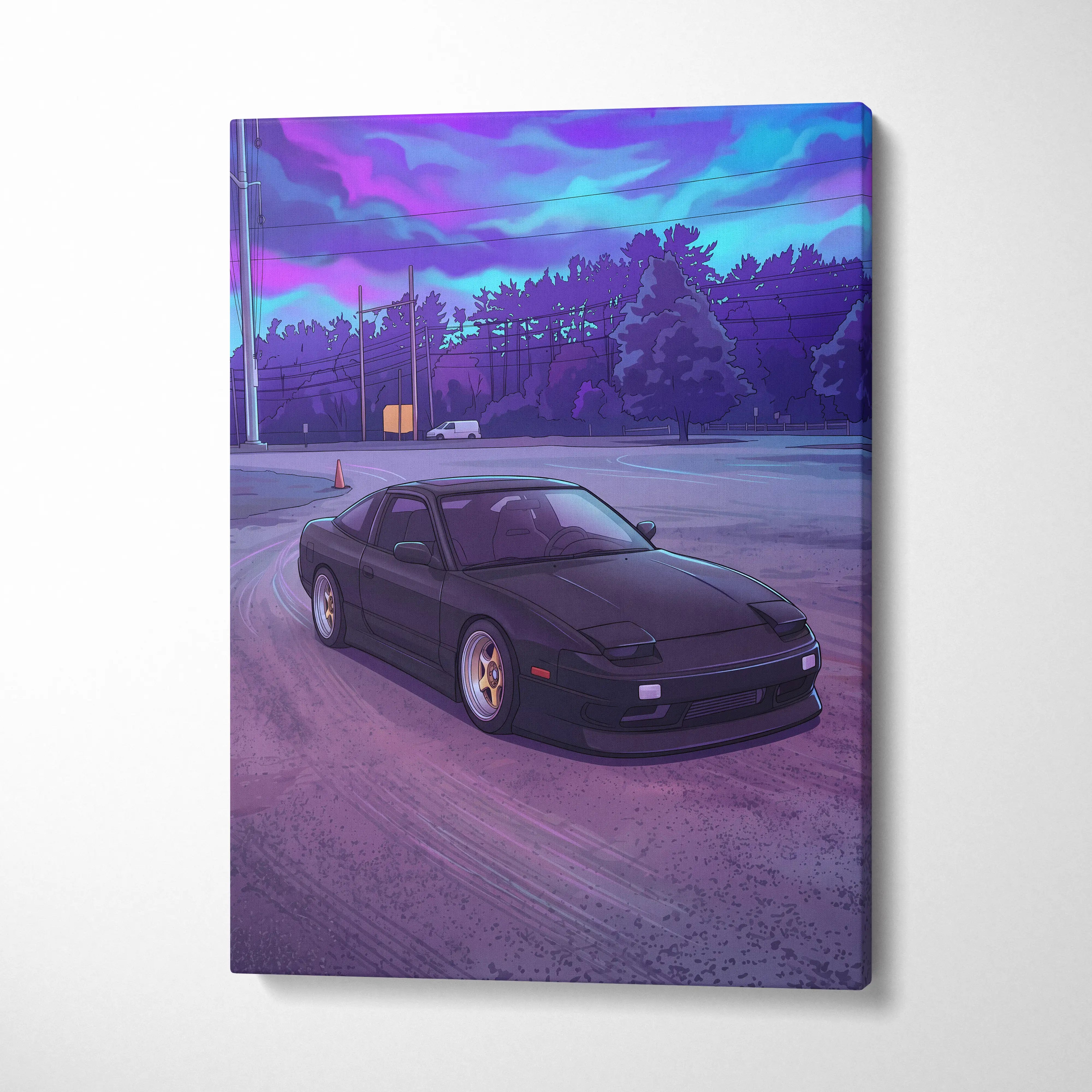 Nissan 240SX Inspired Black Purple Canvas Wall Art, Vaporwave JDM Drift Car Artwork, Neon Street Garage Decor, Retro Futuristic Print
