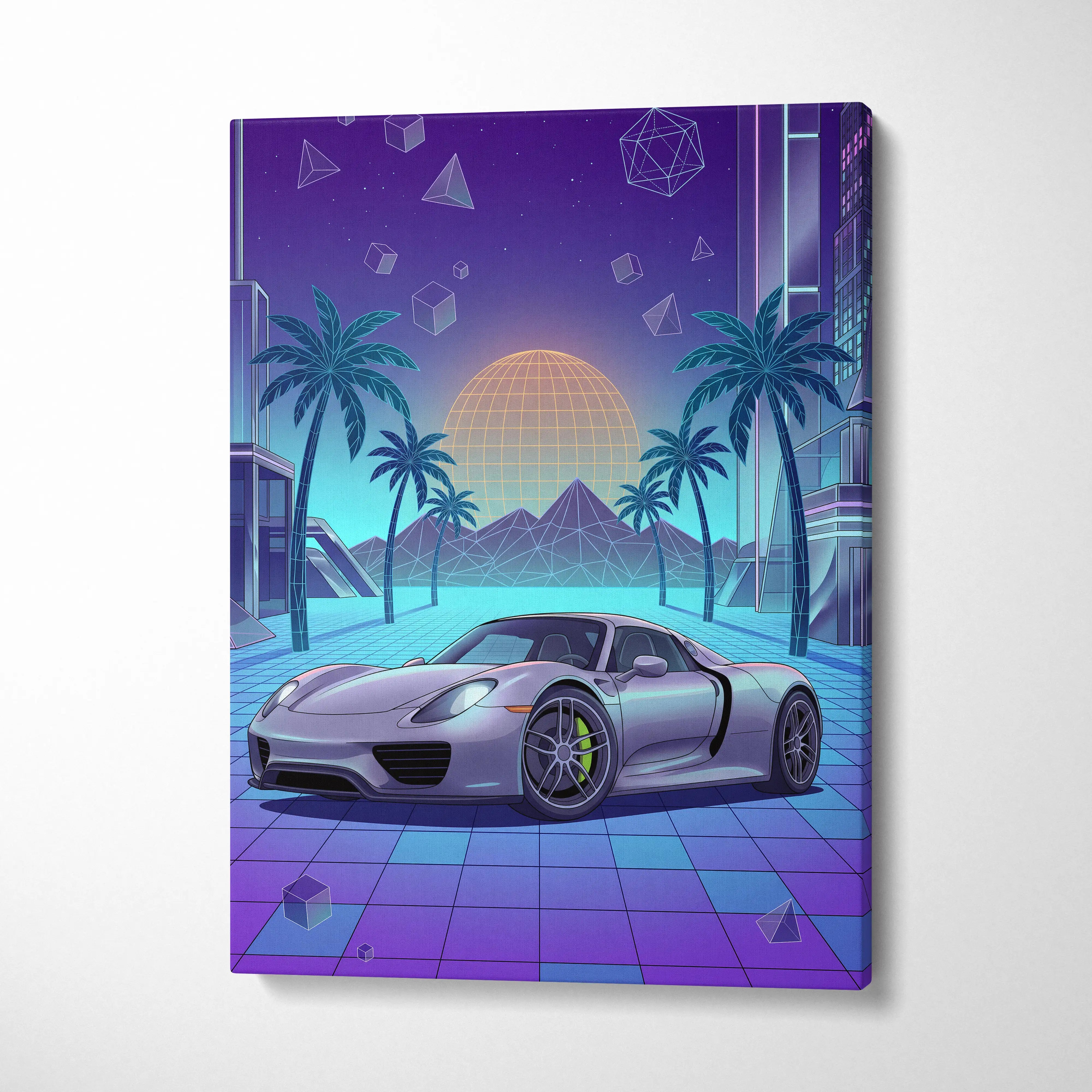 Porsche 918 Spyder Inspired Silver Blue Canvas Wall Art Vaporwave Neon Palm Hypercar Artwork, Retro Futuristic Garage Decor