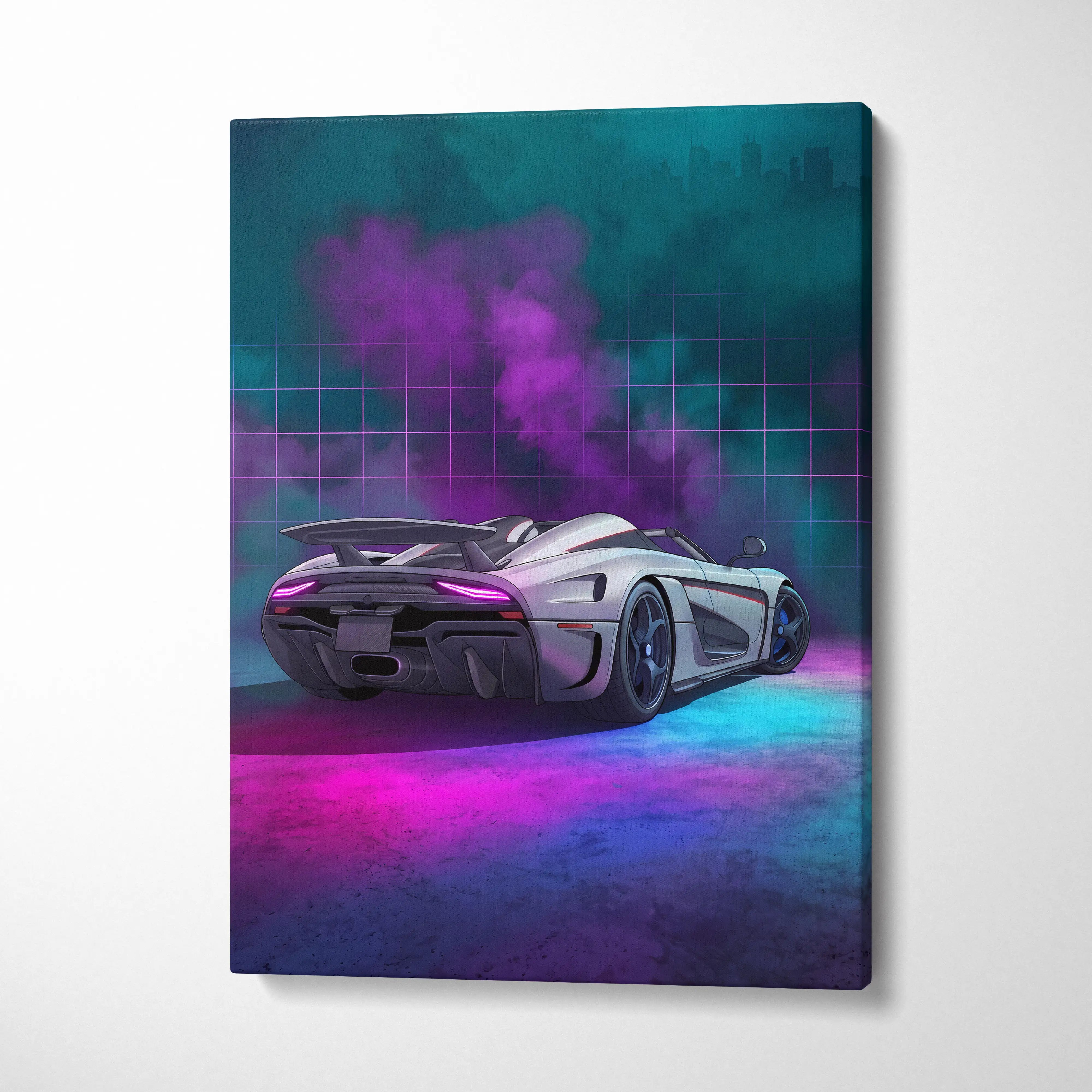 Koenigsegg Regera Inspired Silver Purple Canvas Wall Art, Vaporwave Hypercar Artwork, Neon Grid Garage Decor, Retro Futuristic Exotic Print