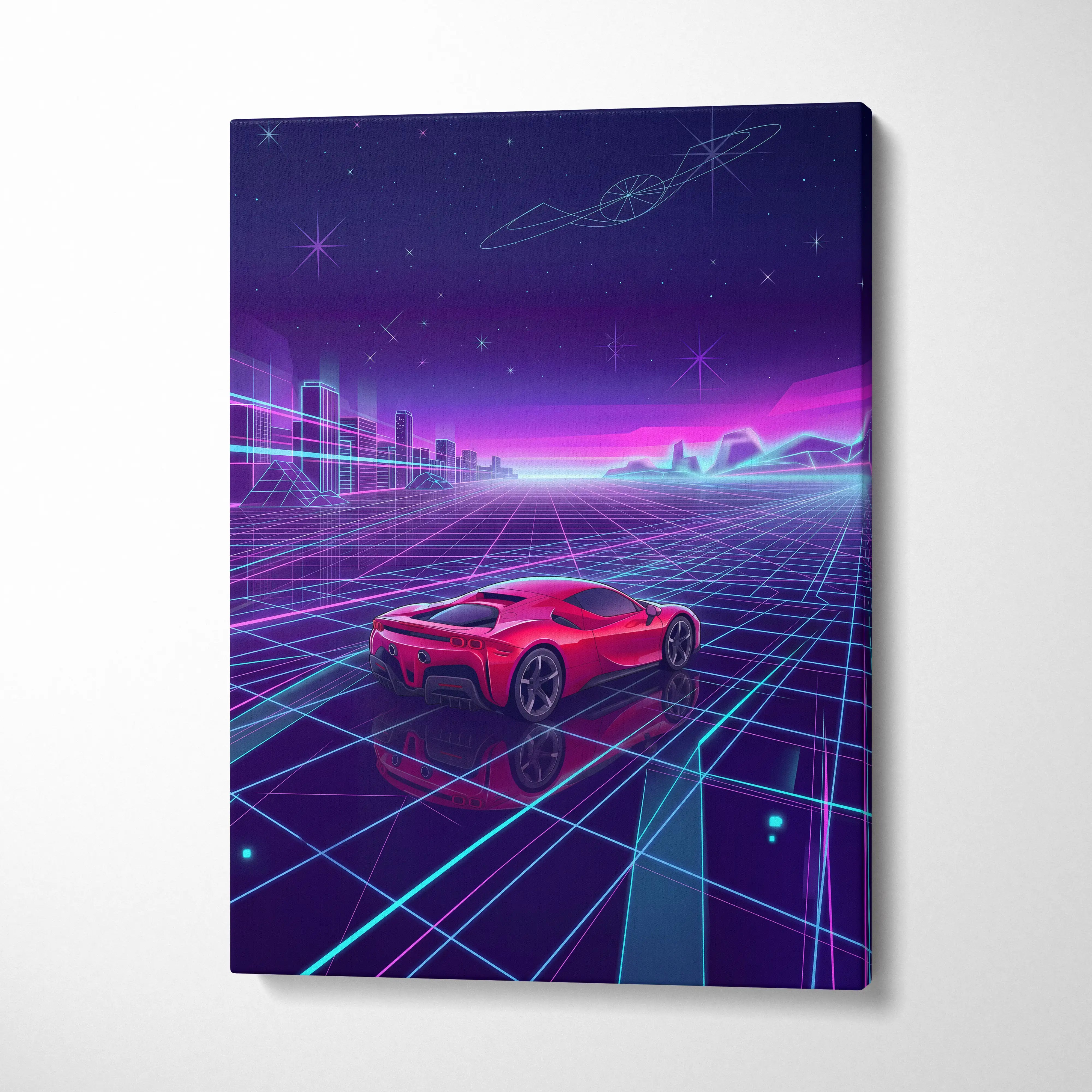 Ferrari SF90 Inspired Red Purple Canvas Wall Art, Vaporwave Supercar Artwork, Neon Grid Garage Decor, Retro Futuristic Exotic Print