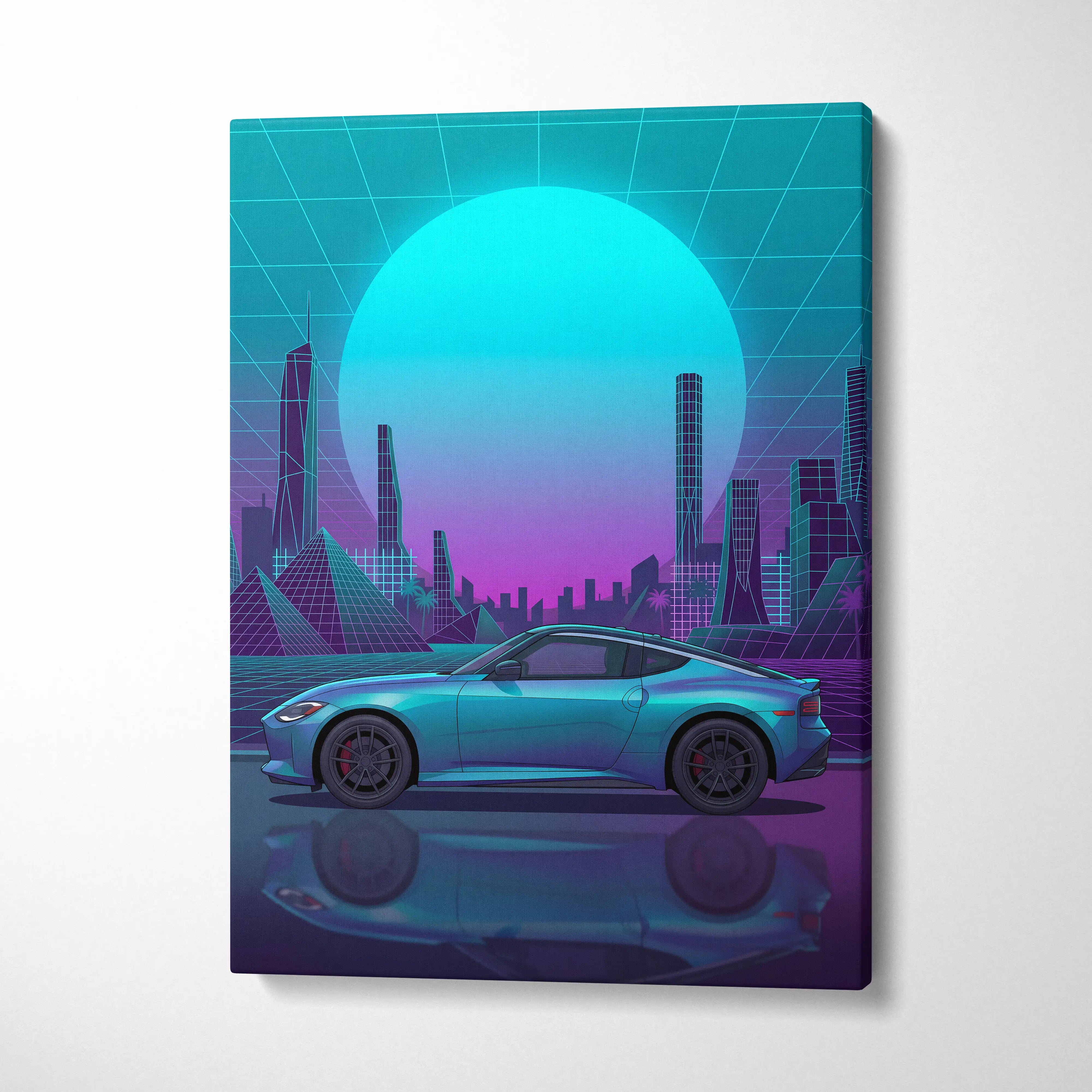 Nissan Z Inspired Teal Purple Canvas Wall Art, Neon Vaporwave JDM Sports Car Artwork for Futuristic City Garage Decor