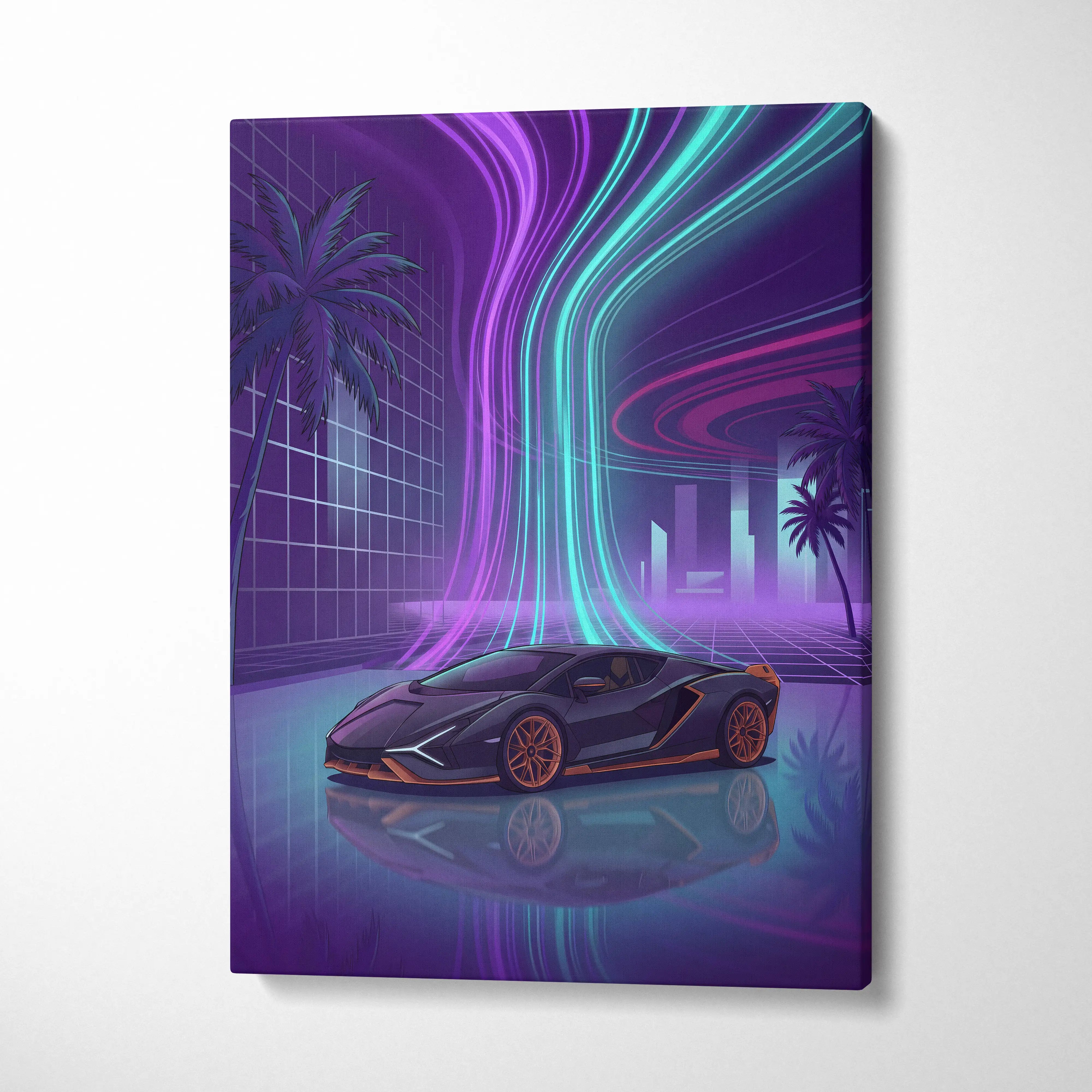 Lamborghini Sian Inspired Black Purple Canvas Wall Art, Neon Vaporwave Hypercar Artwork for Futuristic Garage Decor with Cyberpunk Mood