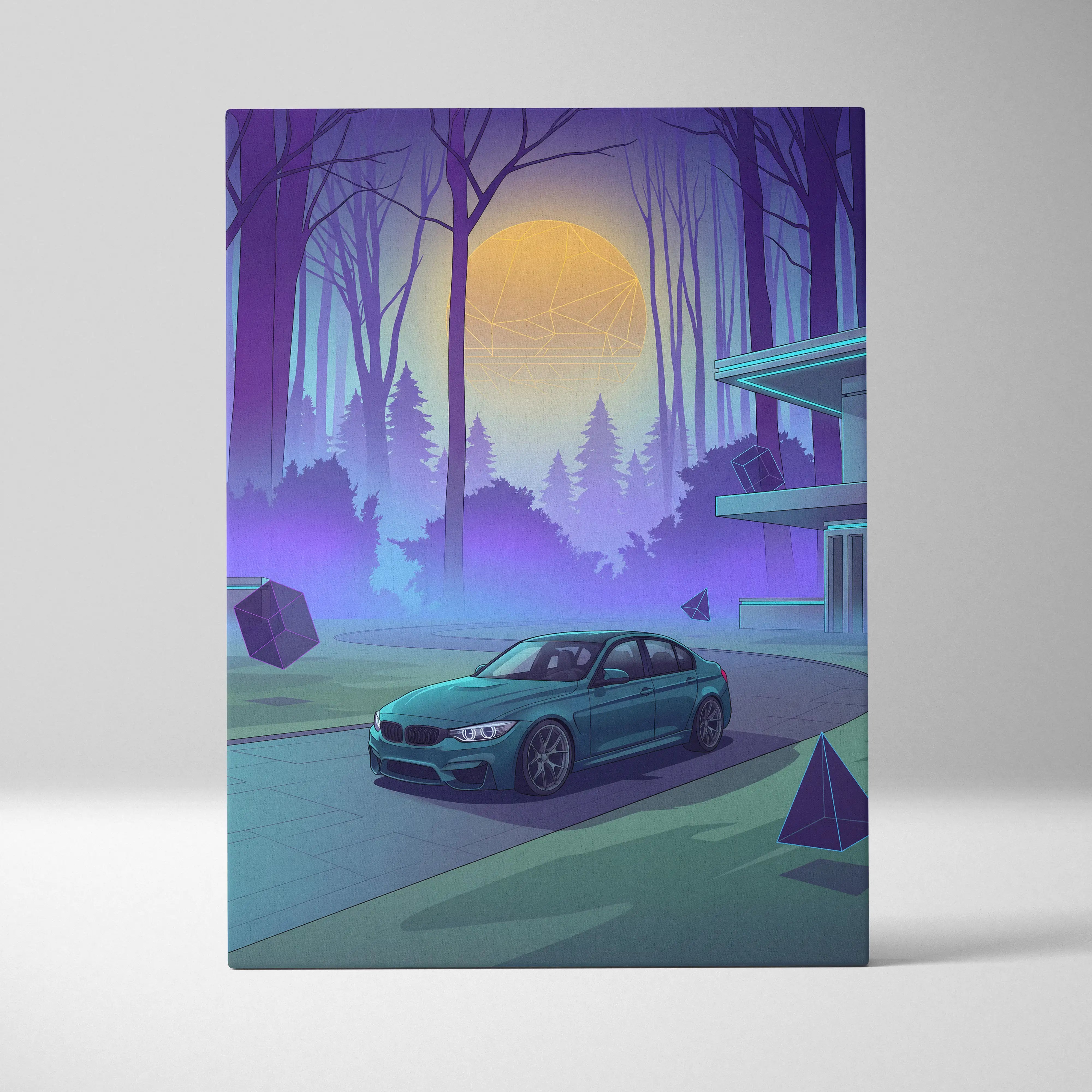 BMW M3 Inspired Teal Purple Canvas Wall Art, Forest Vaporwave Sports Sedan Artwork for Modern Garage Decor