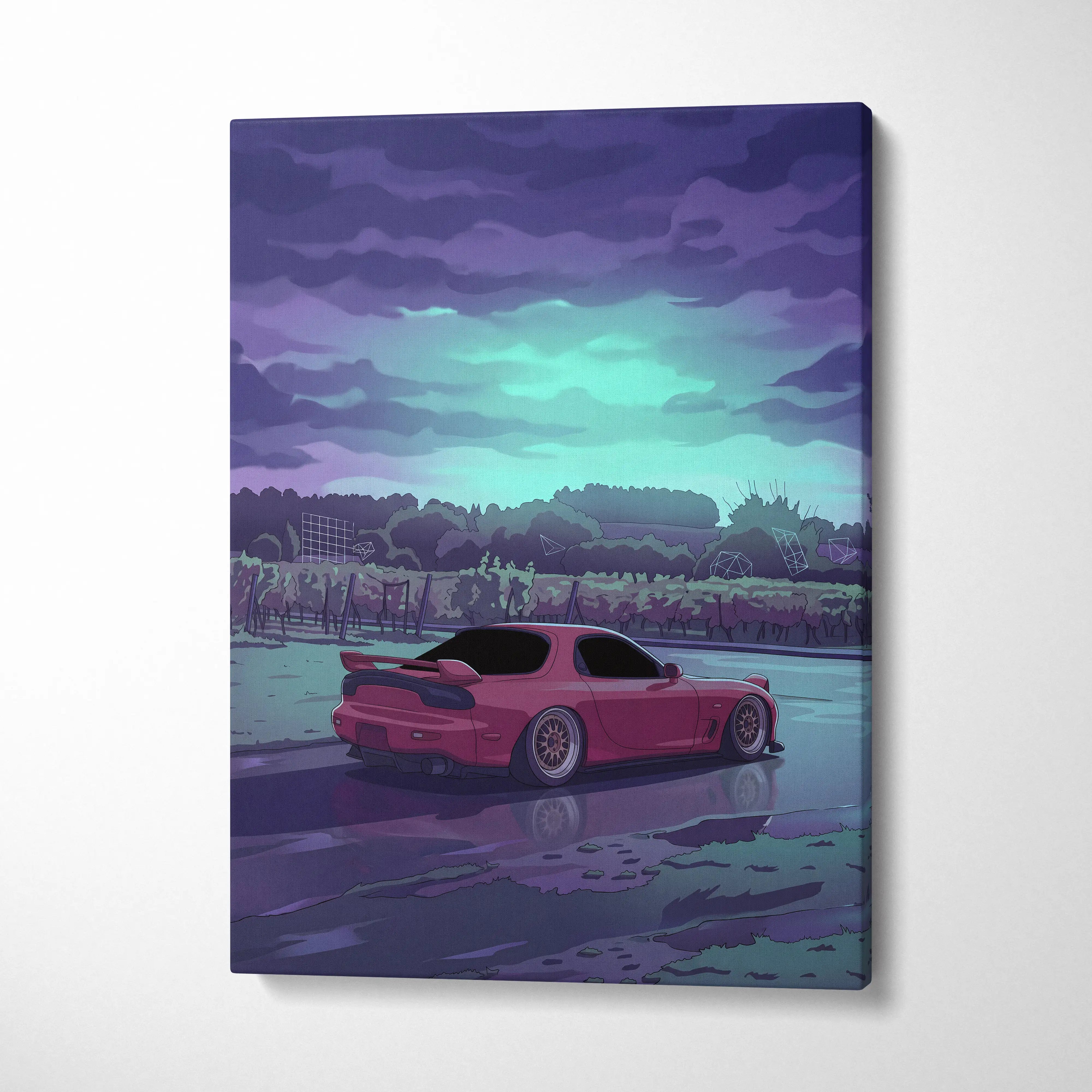 Mazda RX-7 FD Inspired Pink Teal Canvas Wall Art, Moody Vaporwave JDM Sports Car Artwork for Rainy Road Garage Decor