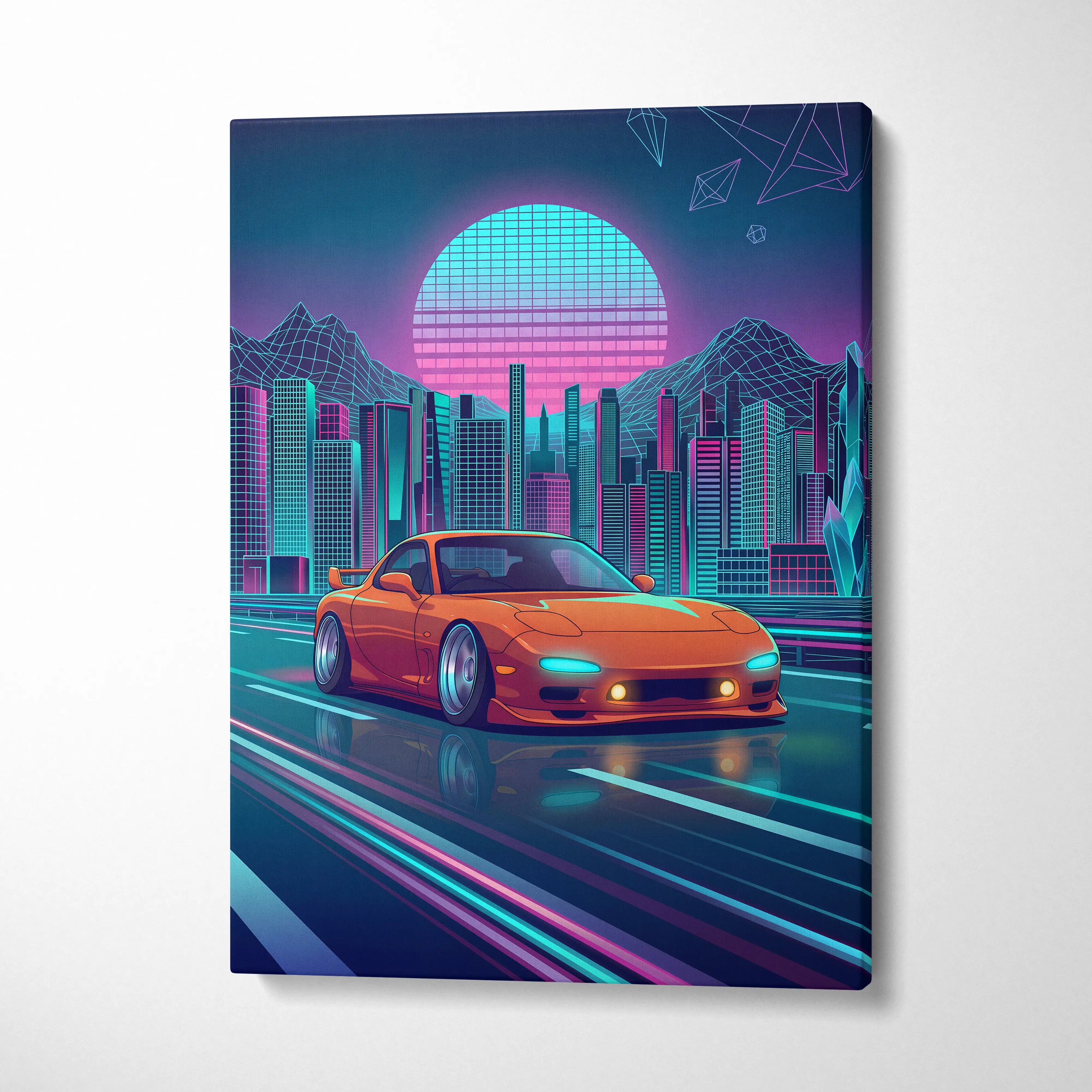 Mazda RX-7 FD Inspired Orange Teal Canvas Wall Art, Neon Vaporwave JDM Sports Car Artwork for Futuristic City Garage Decor