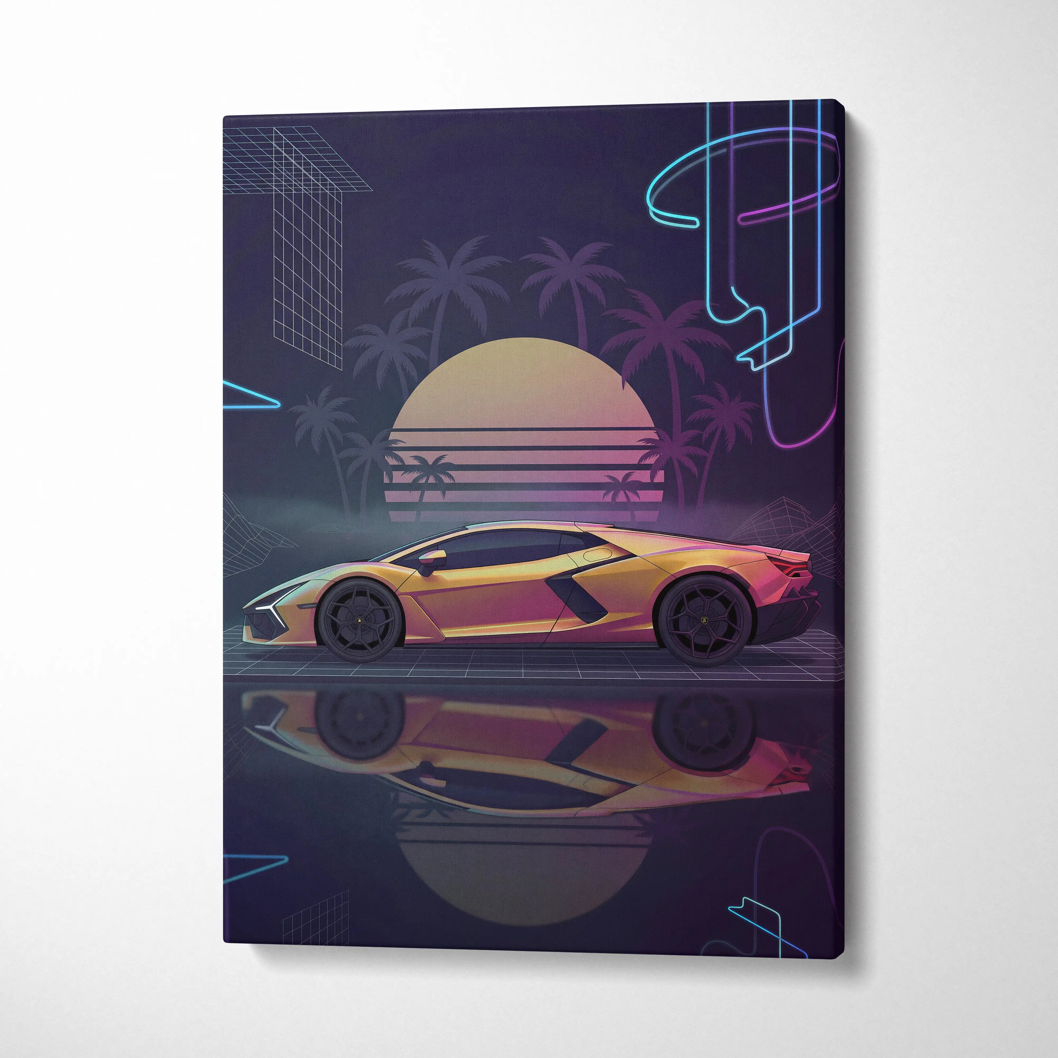 Lamborghini Revuelto Inspired Gold Purple Canvas Wall Art, Neon Vaporwave Hypercar Artwork for Retro Futuristic Garage Decor