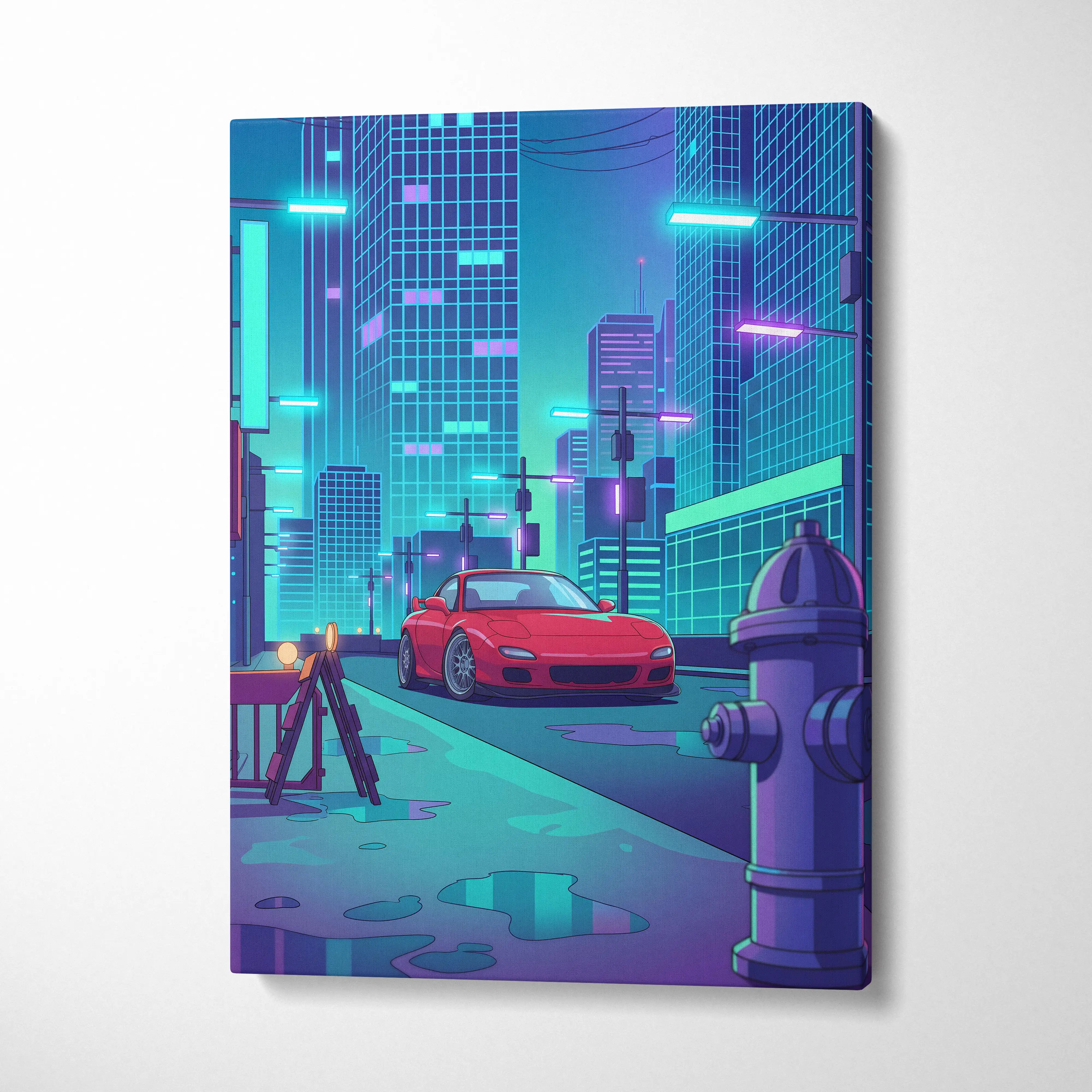 Mazda RX-7 FD Inspired Red Teal Canvas Wall Art, Neon Vaporwave JDM Sports Car Artwork for Cyberpunk City Garage Decor