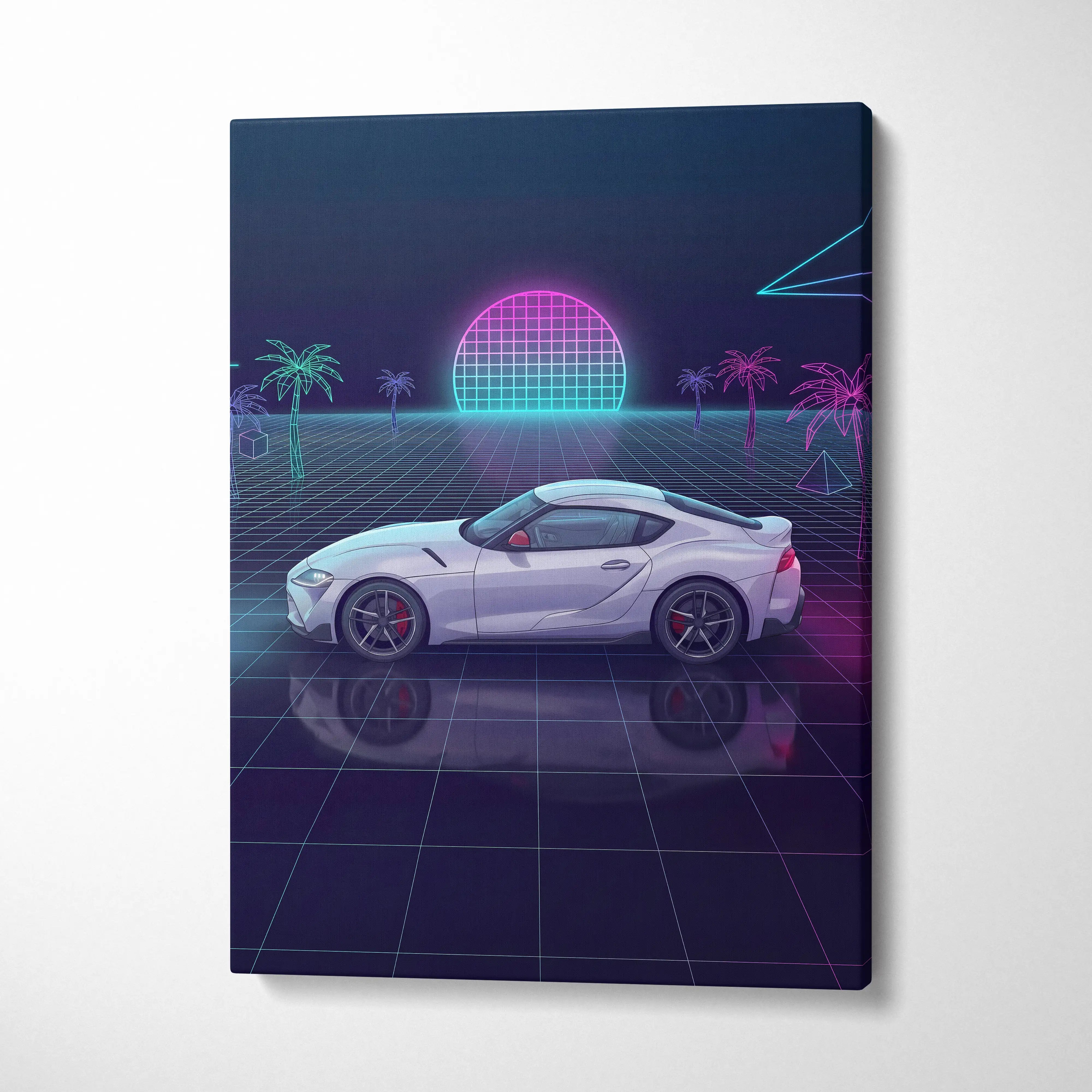Toyota GR Supra Inspired White Purple Canvas Wall Art Vaporwave Sports Car Artwork Neon Grid Garage Decor Retro Futuristic JDM Sunset Print