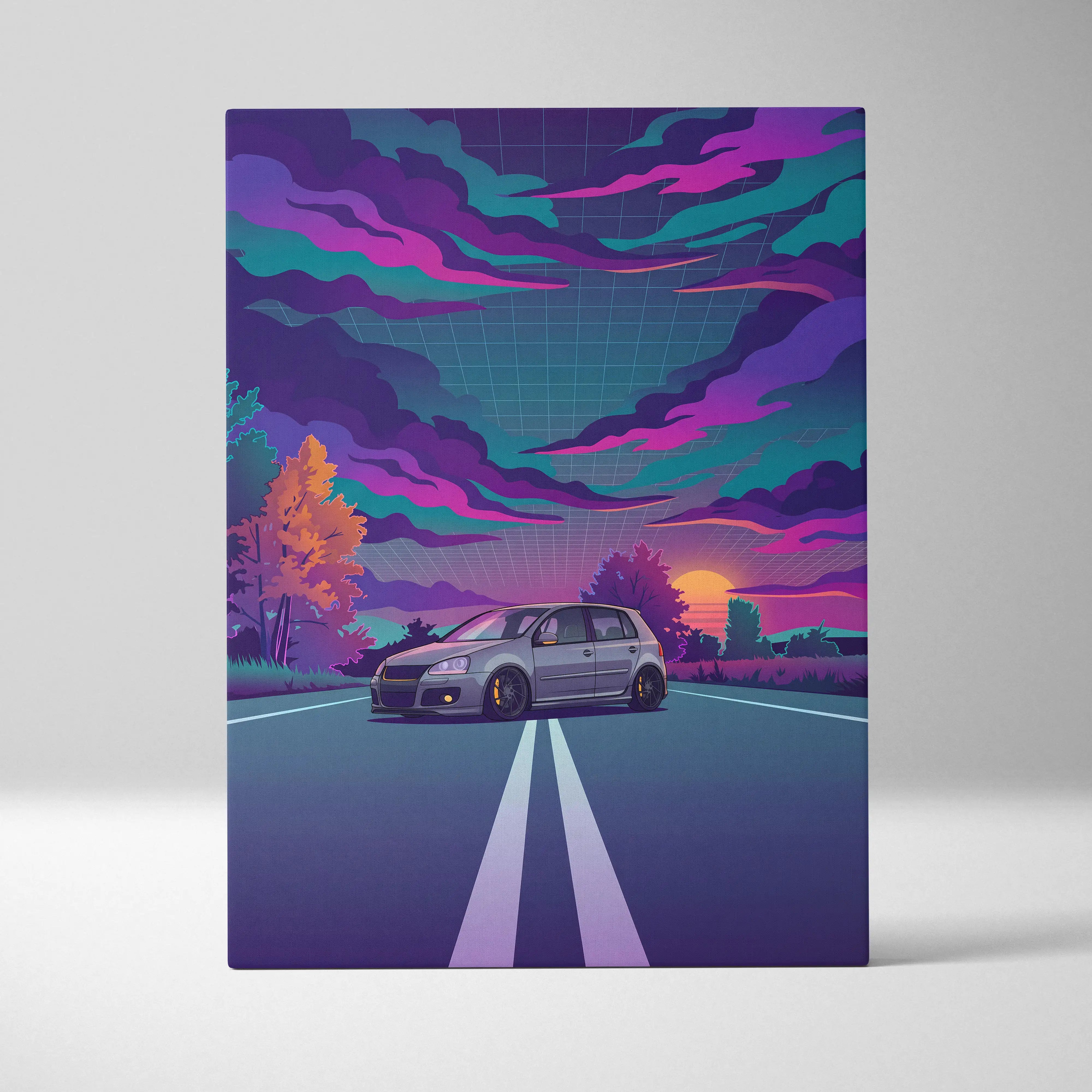 Volkswagen Golf GTI Inspired Gray Purple Canvas Wall Art Vaporwave Hot Hatch Artwork Neon Road Garage Decor Retro Futuristic Sunset Print