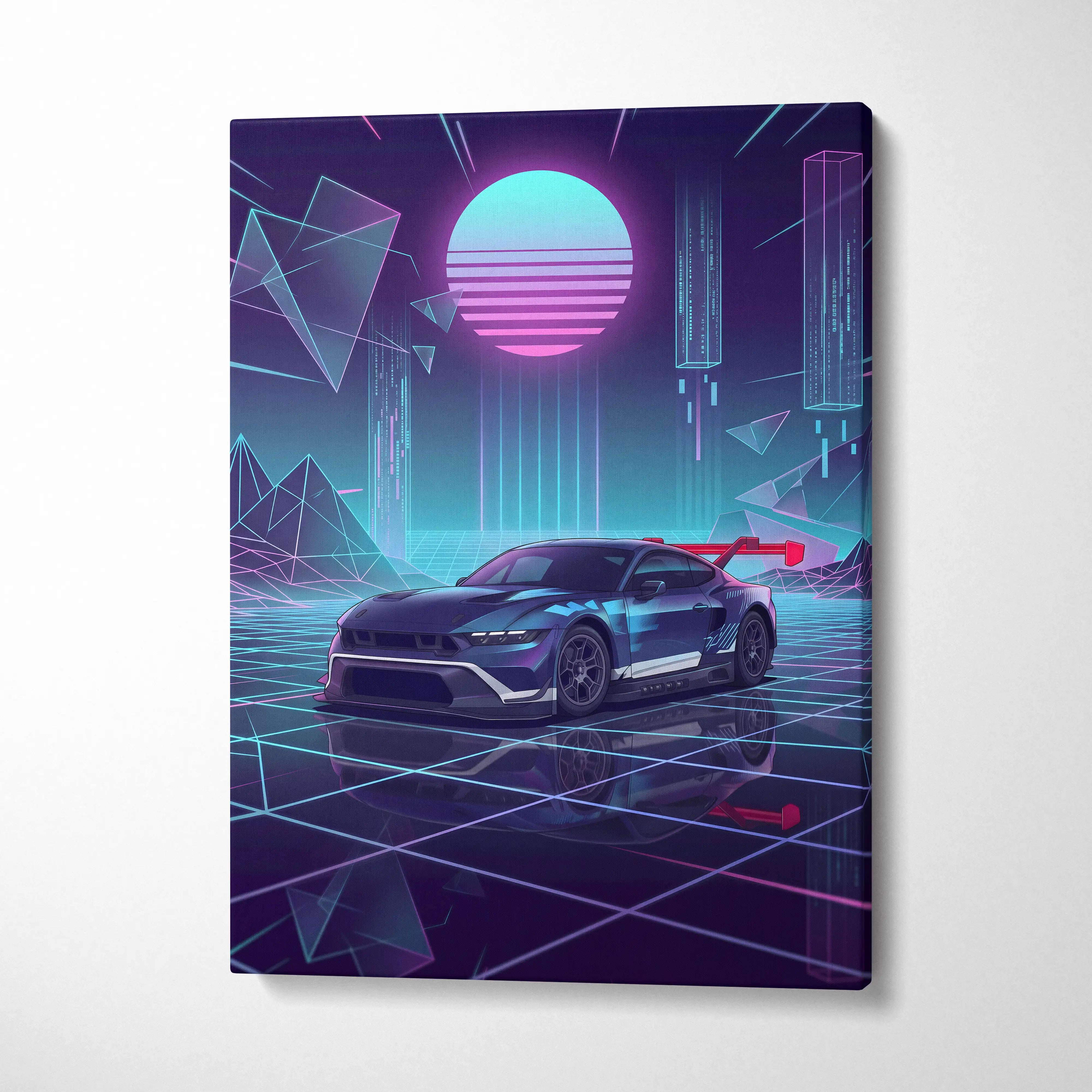 Ford Mustang GTD Inspired Blue Purple Canvas Wall Art Vaporwave Race Car Artwork Neon Grid Garage Decor Retro Futuristic Motorsport Print