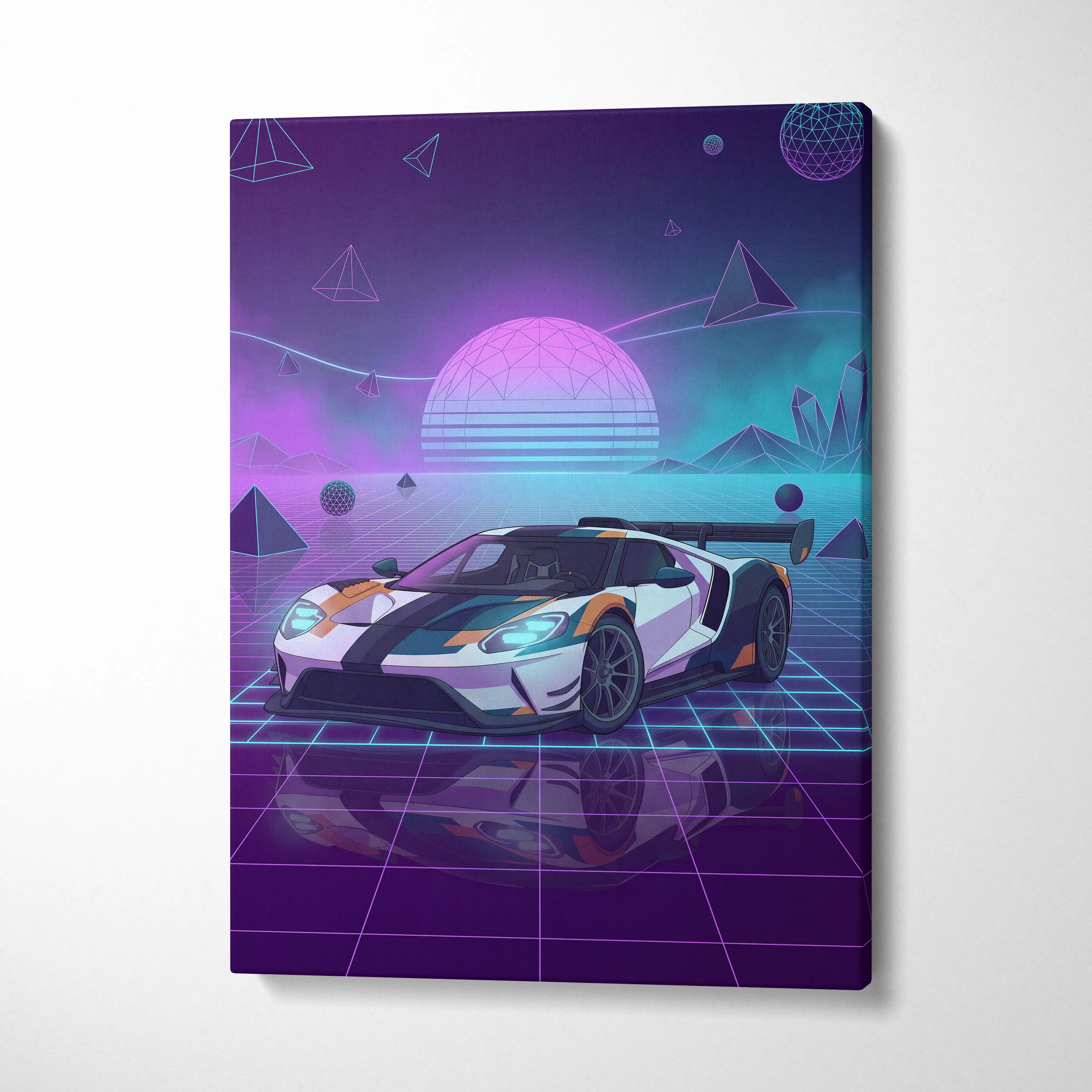 Ford GT inspired canvas wall art featuring a sleek white and orange sports car with black stripes in a neon cyberpunk scene