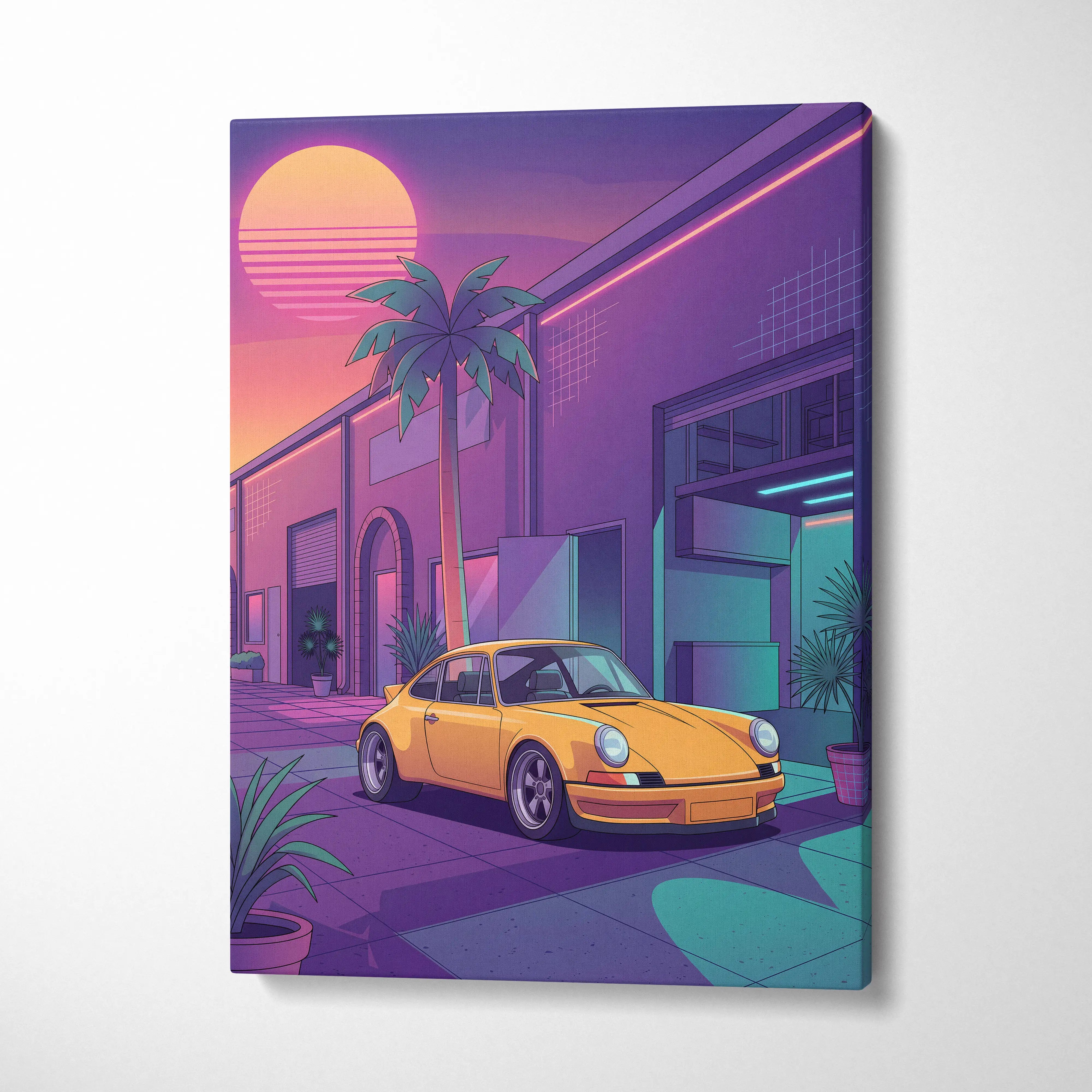 Porsche 911 Inspired Yellow Purple Canvas Wall Art Vaporwave Classic Sports Car Artwork Neon Palm Garage Decor Retro Futuristic Sunset Print