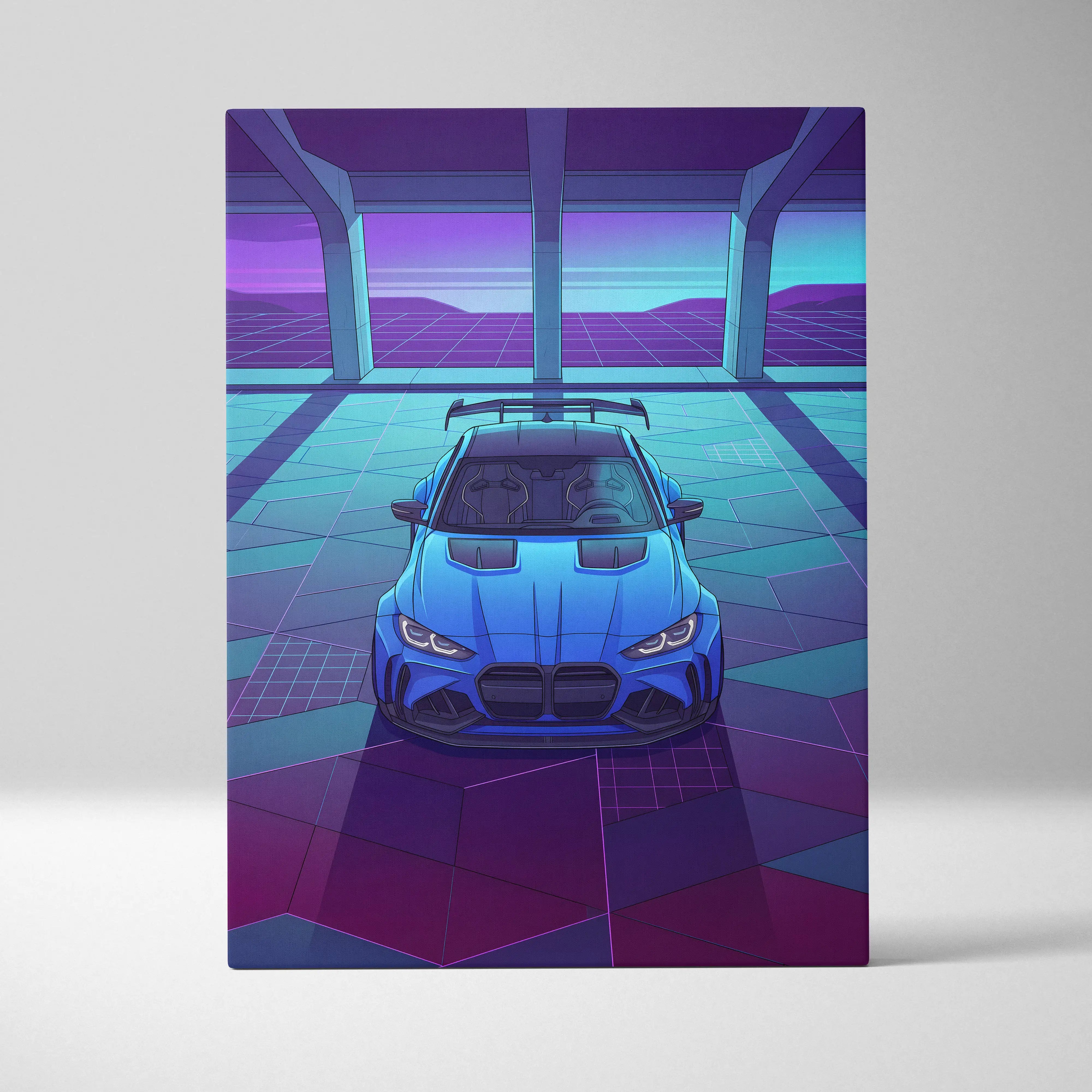 BMW M4 Inspired Blue Purple Canvas Wall Art Vaporwave Sports Car Artwork Neon Garage Decor Retro Futuristic City Print