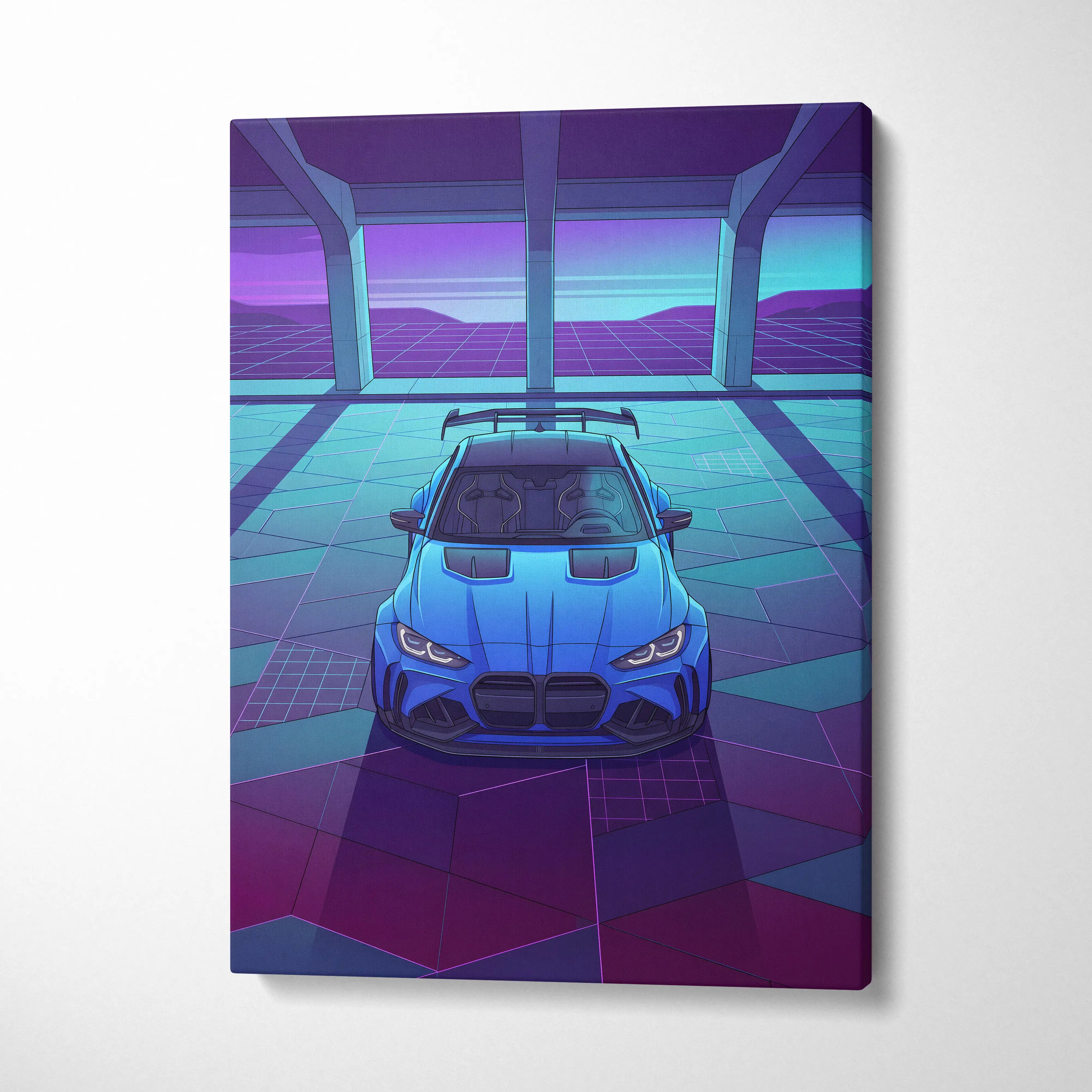 BMW M4 Inspired Blue Purple Canvas Wall Art Vaporwave Sports Car Artwork Neon Garage Decor Retro Futuristic City Print